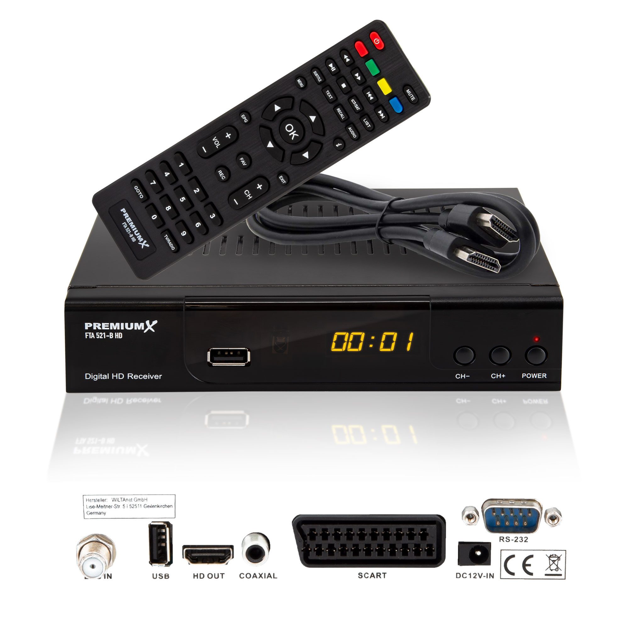 HD 521 B FTA Digital SAT Receiver DVB-S2 HDMI SCART USB 12V FullHD SAT-Receiver