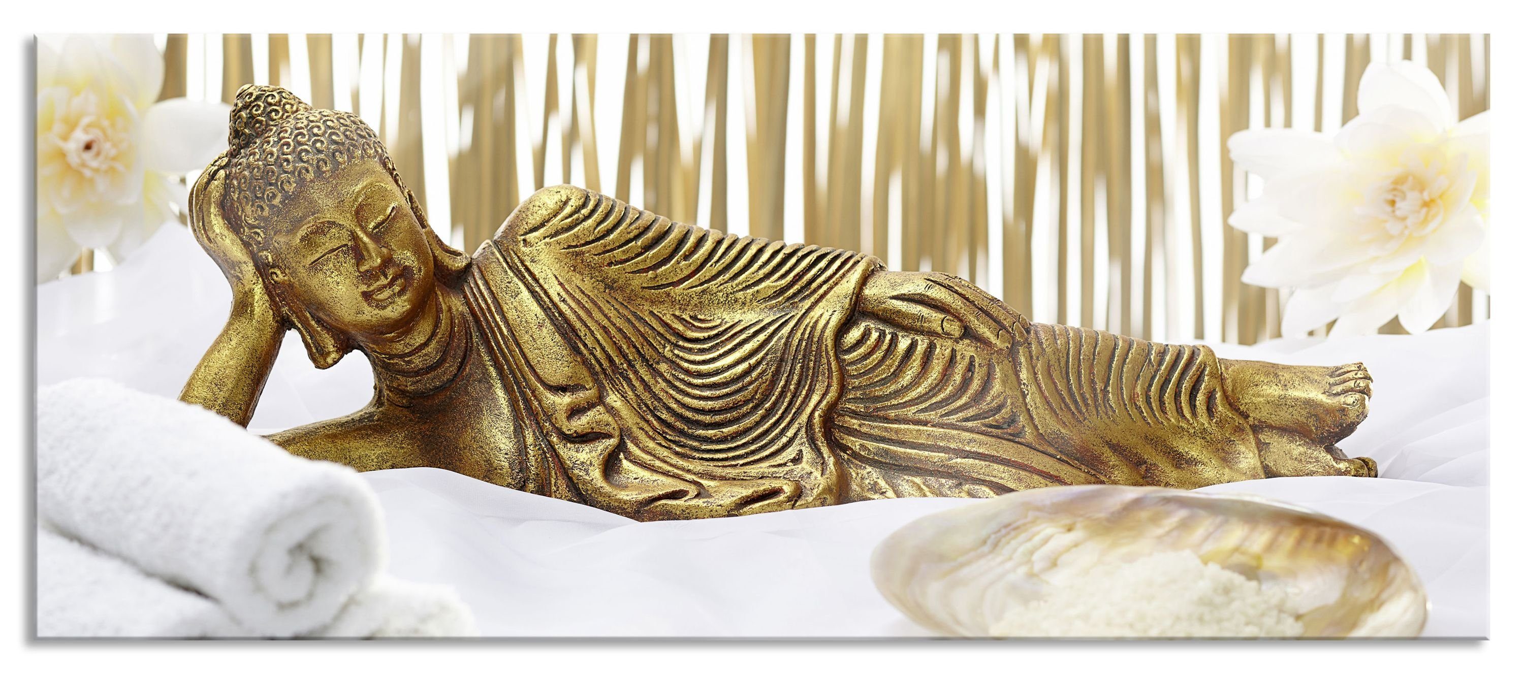 Pixxprint Glasbild goldener Abstandshalter Handtuch (1 Handtuch, Echtglas, Buddha Aufhängungen St), auf Glasbild aus inkl. auf Buddha und goldener