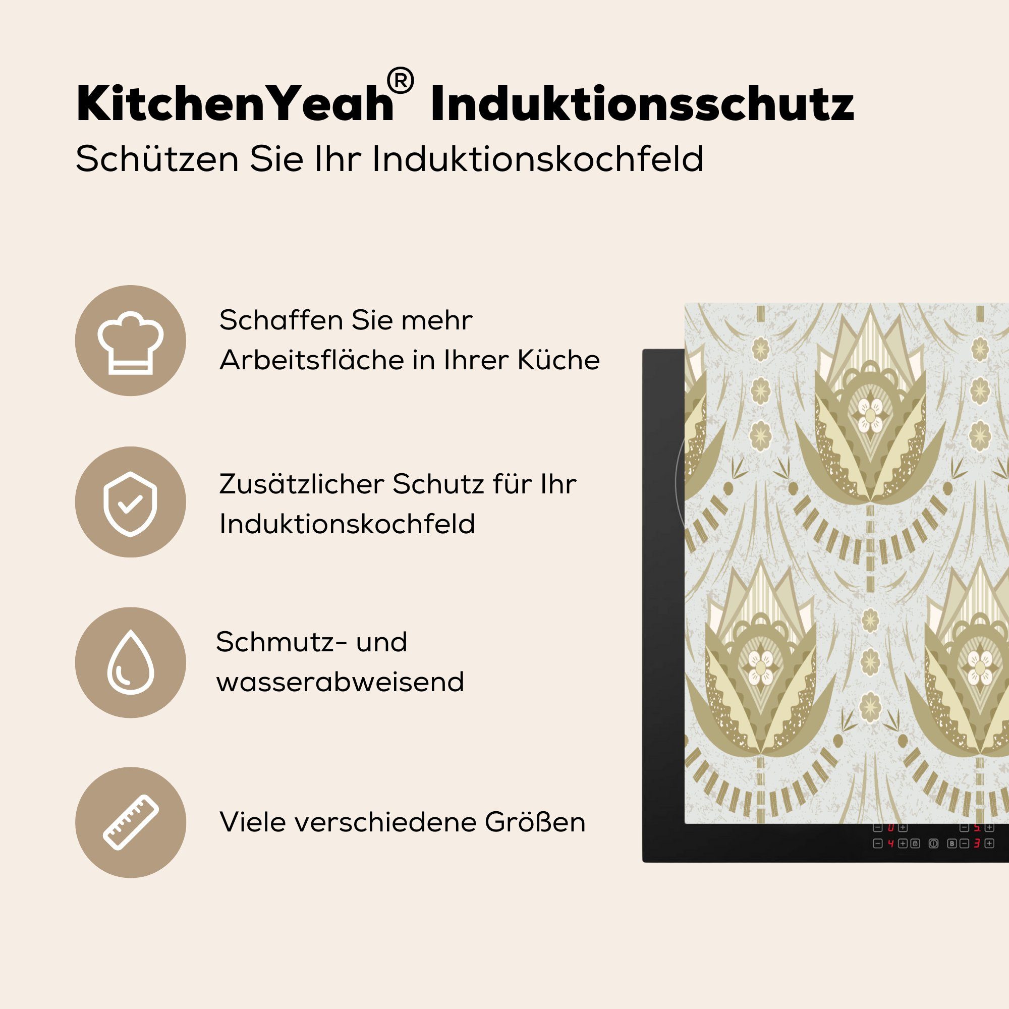 MuchoWow Herdblende-/Abdeckplatte Blumen - Gold (1 cm, Vinyl, - küche, 59x52 Induktionsmatte tlg), Ceranfeldabdeckung für Muster, die