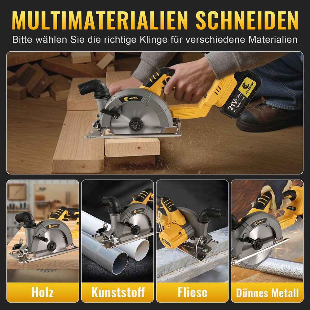 CONENTOOL Akku-Handkreissäge Bürstenlose Akku-Kreissäge 21V, Set, 2x Akku(4.0Ah)und Ladegerät, 165mm Manganstahl - Sägeblatt, für Holz, Weichmetall, Kunststoff