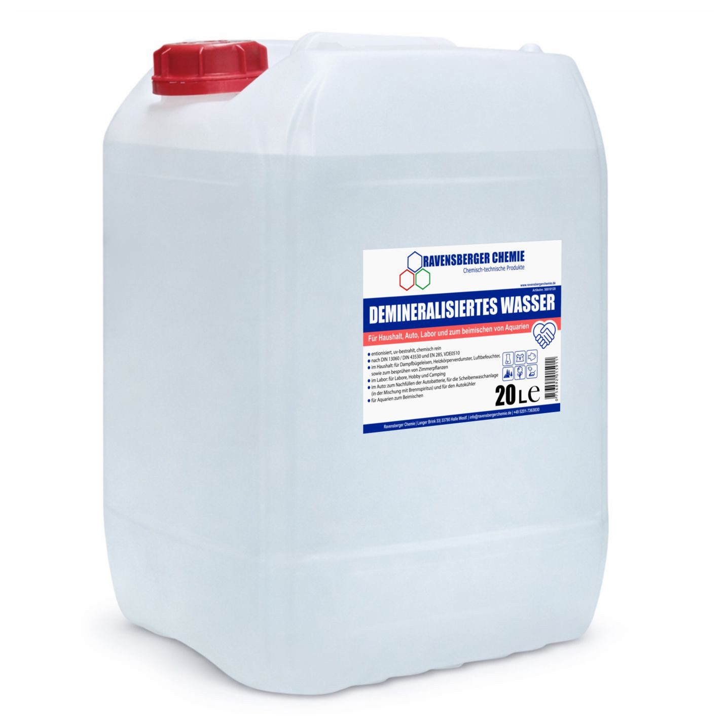 Ravensberger Chemie Bügelwasser VE-Wasser Demineralisiertes Wasser - 20 L, 20 Liter Kanister von Ravensberger Chemie - demineralisiert & entionisiert, kalkfrei für Auto, Batterie, Haushalt, Dampfbügeleisen und Labor