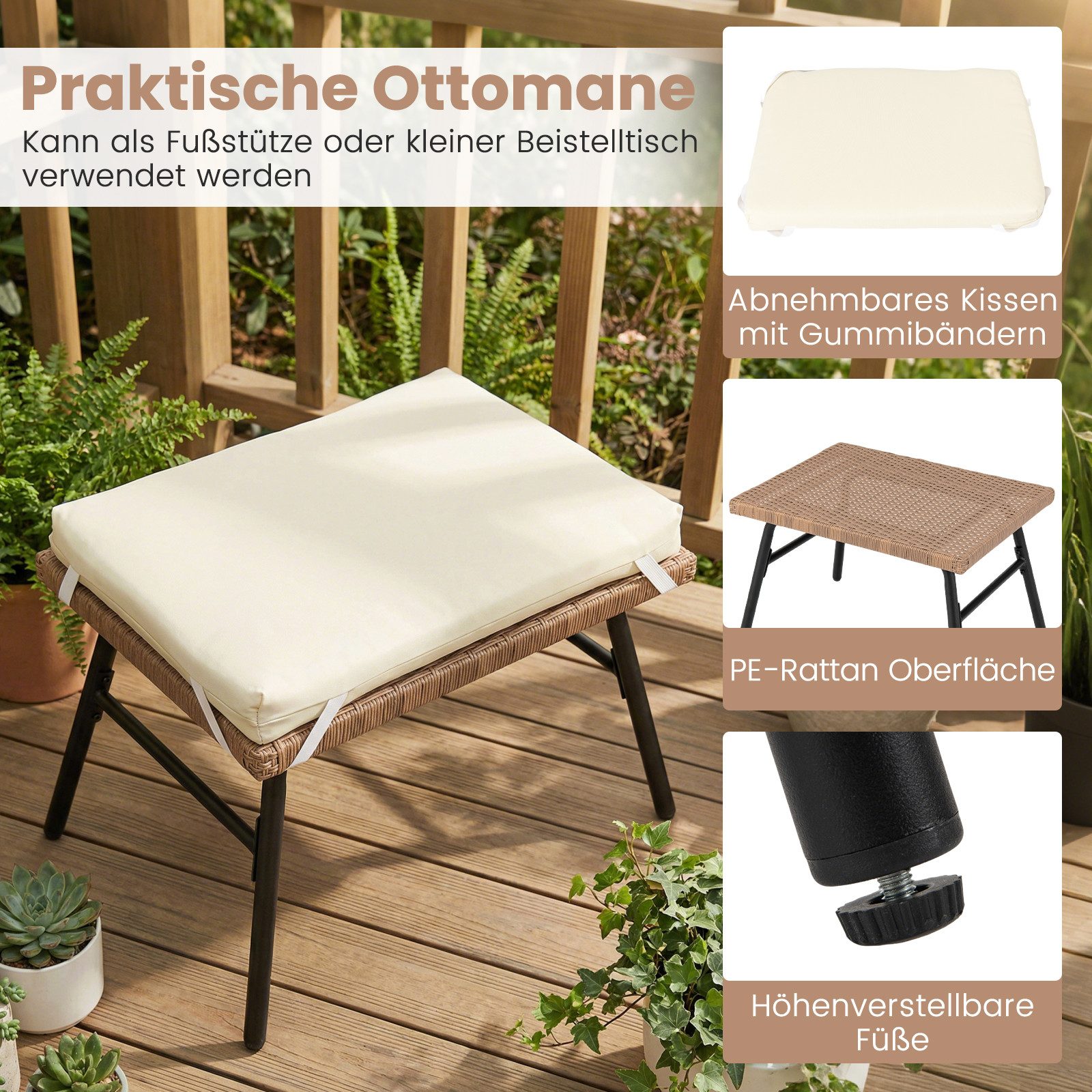 COSTWAY Rattanstuhl (2 St), Eierstuhl mit Fußhocker & Kissen, Gartenliege