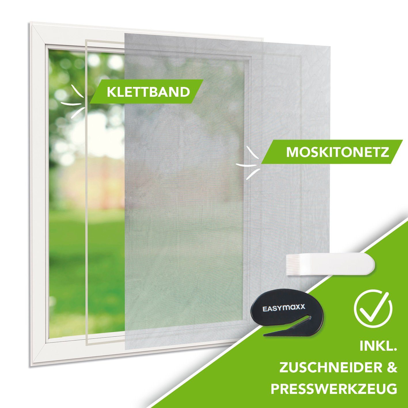 EASYmaxx Klettverschluss, Insektenschutz-Fensterrahmen 130x150cm mit Moskitonetz zuschneidbar