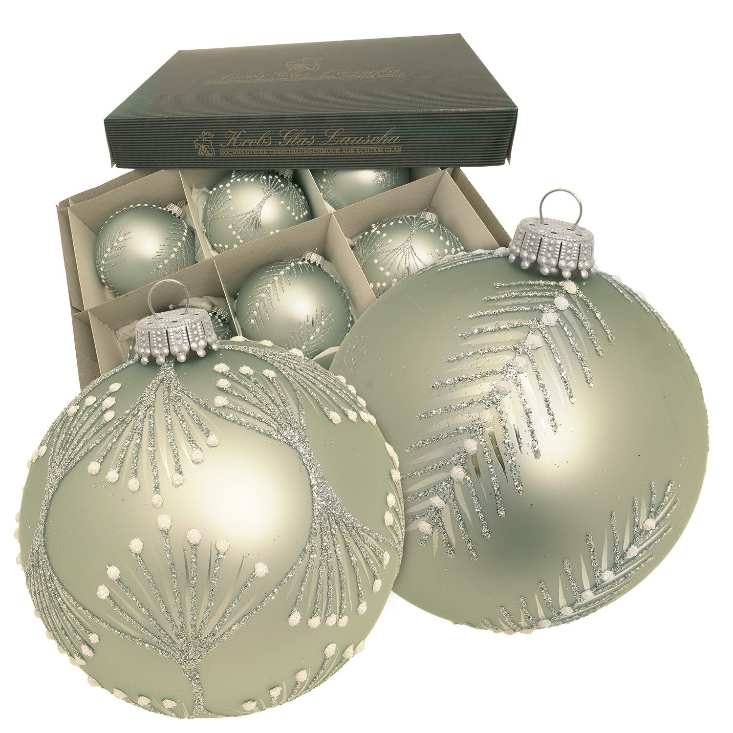 Krebs Glas Lauscha Weihnachtsbaumkugel 6er Set - Glasanhänger - Lindgrün mit frostigen Zweigen - ca. 8cm, Dekoration mit festlichem Glanz für ein stilvolles Weihnachtsfest