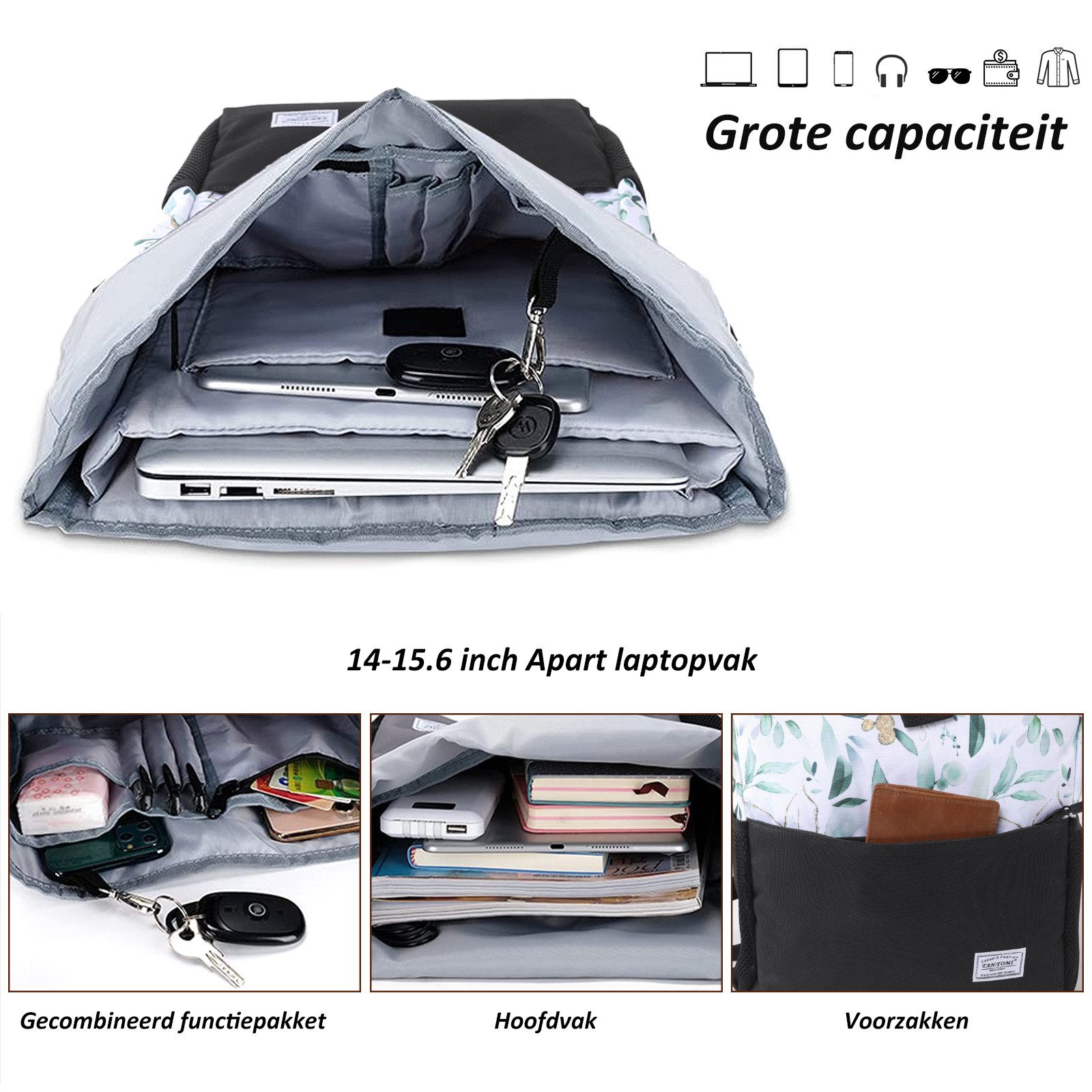 TANTOMI Freizeitrucksack Arbeitsrucksack Groß Damen lässiger Rolltop Rucksack Herren Backpack, mit Laptopfach bis 15,6 zoll und externen USB-Anschluss – Bild 5 von 5