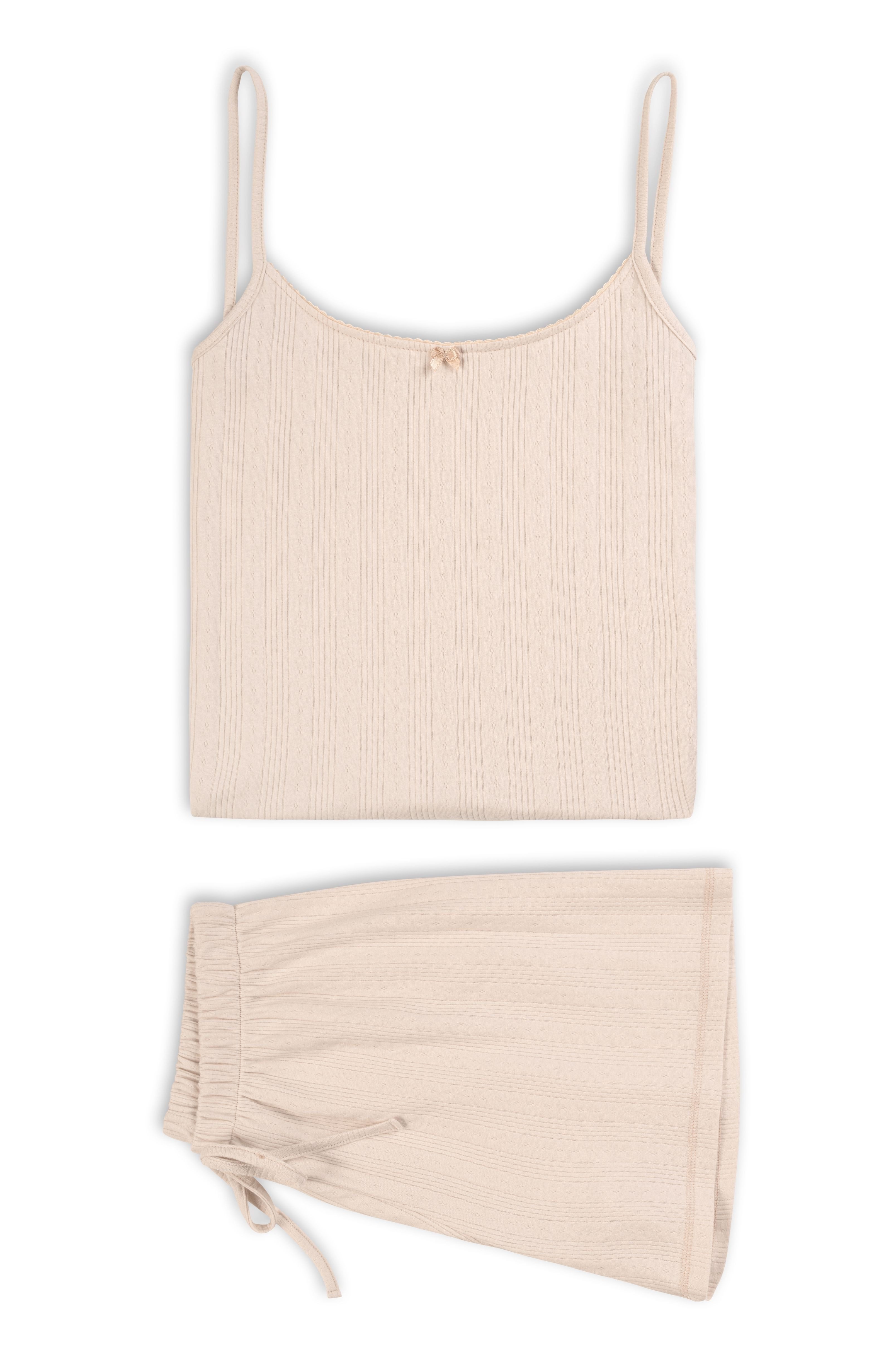 Mademoiselle Sommeil Shorty Damen Schlafanzug aus Pointelle-Strick in Naturbeige aus 100% Baumwolle, Trägertop & Shorts, gefertigt in Polen