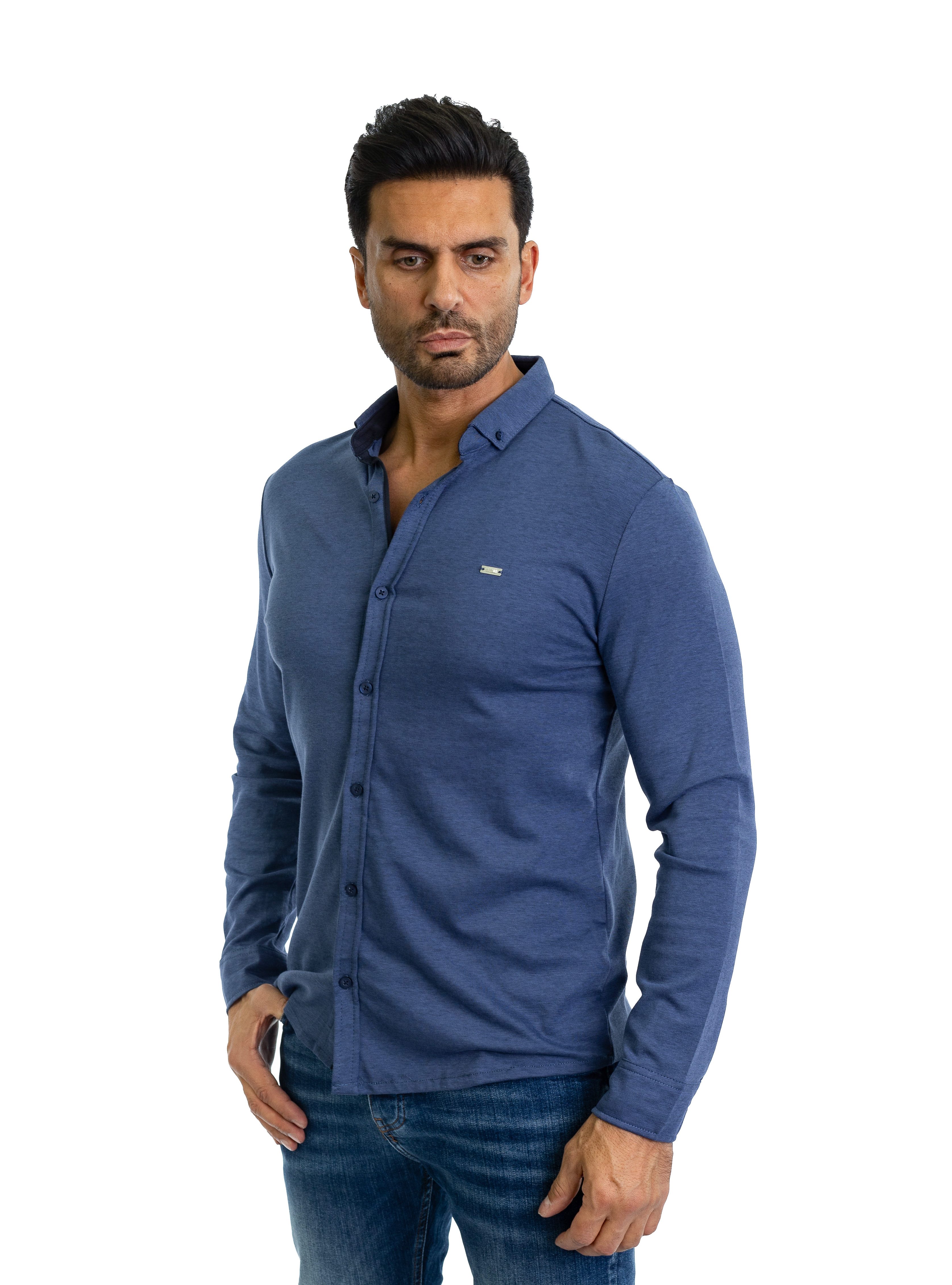 Denim Distriqt Langarmhemd Feines Herren Jersey Hemd mit Stretchanteil Blau günstig online kaufen