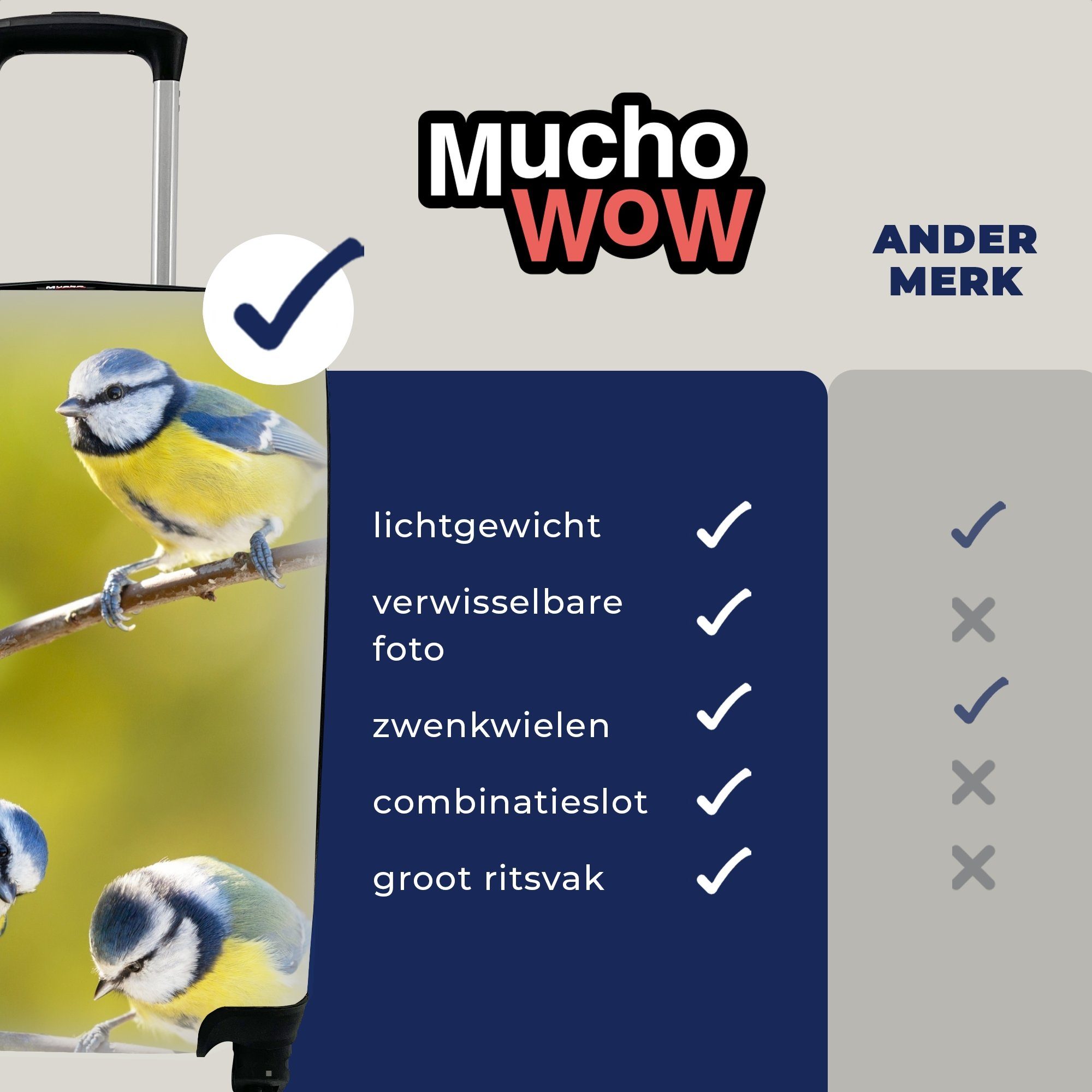 Ferien, MuchoWow Trolley, rollen, - Reisetasche Äste - Rollen, für 4 Vogel Sonne, mit Handgepäckkoffer Handgepäck - Blaumeise Reisekoffer