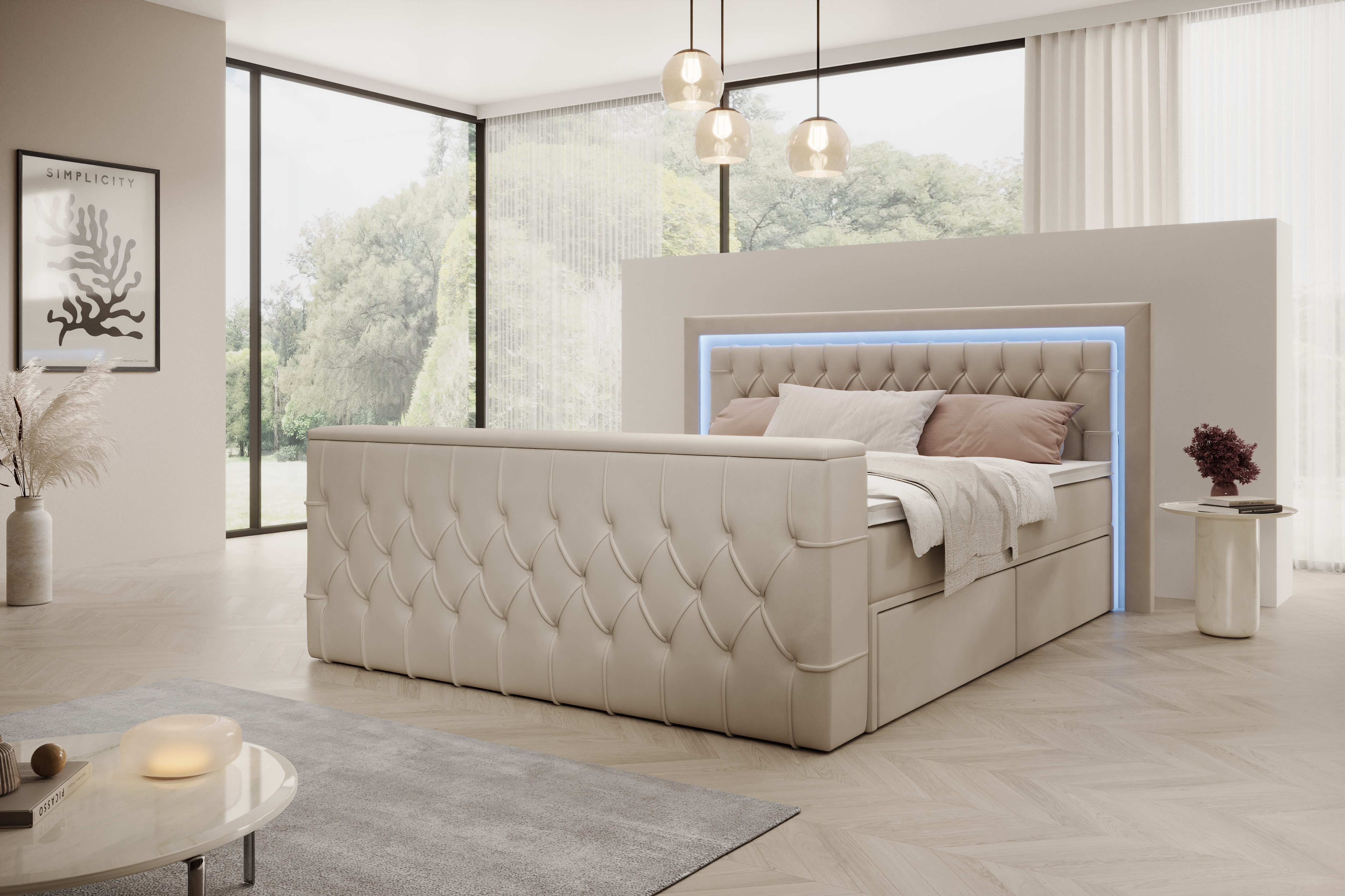 PROMETO Möbel Boxspringbett Doppelbett mit Matratze, Schubladen TV-Lift LED Beleuchtung, inkl. 7-Zonen-Taschenfederkernmatratze, TV-Lift im Fußteil, Topper