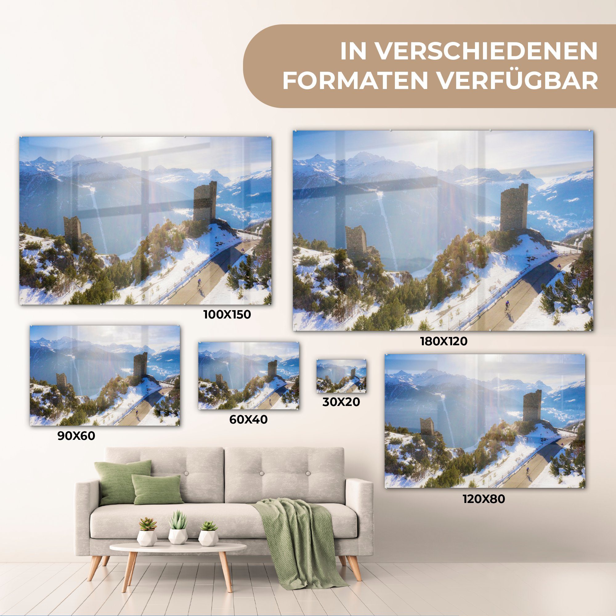 Acrylglasbild & MuchoWow Schlafzimmer Acrylglasbilder (1 Wohnzimmer Radfahren - Schnee Berge, - St),