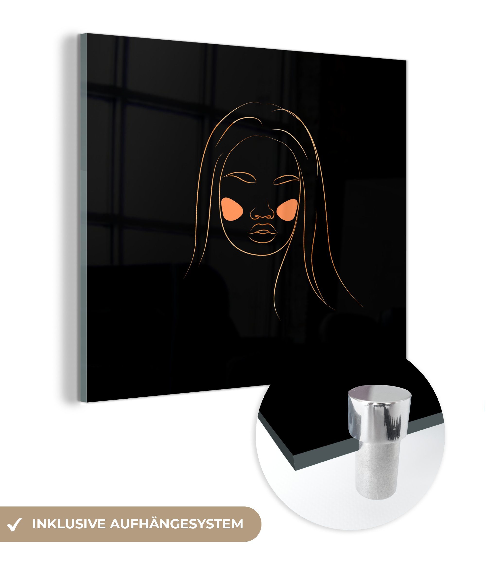 MuchoWow Acrylglasbild Frau - Gold - Rosa - Strichzeichnung, (1 St), Glasbilder - Bilder auf Glas Wandbild - Foto auf Glas - Wanddekoration | Bilder