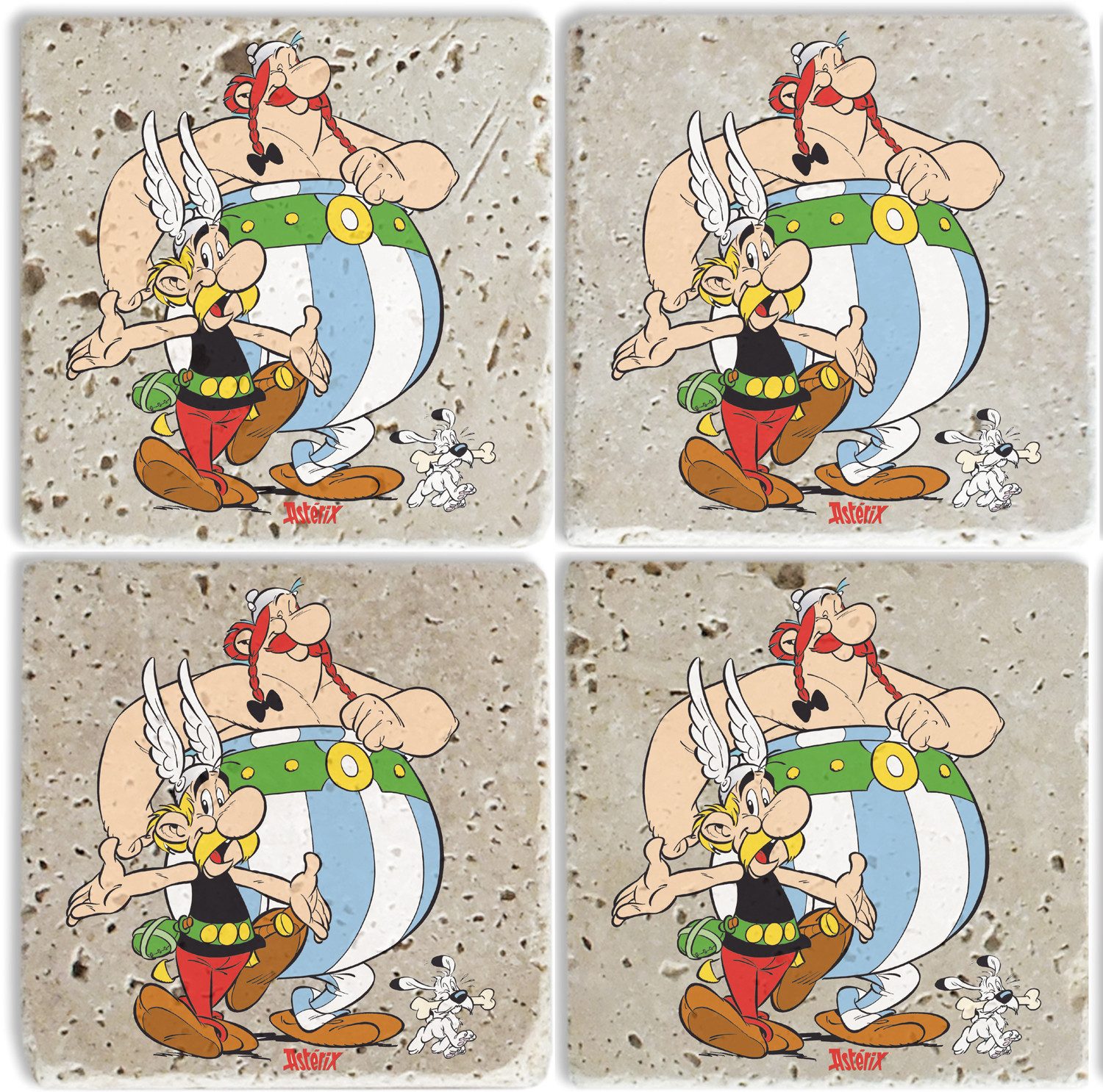 LuckyLinde Getränkeuntersetzer Asterix und Obelix mit Idefix Fliesen Steine, Set, 4-tlg., Asterix Set Topfuntersetzer Naturstein Untersetzer 10x10x1cm