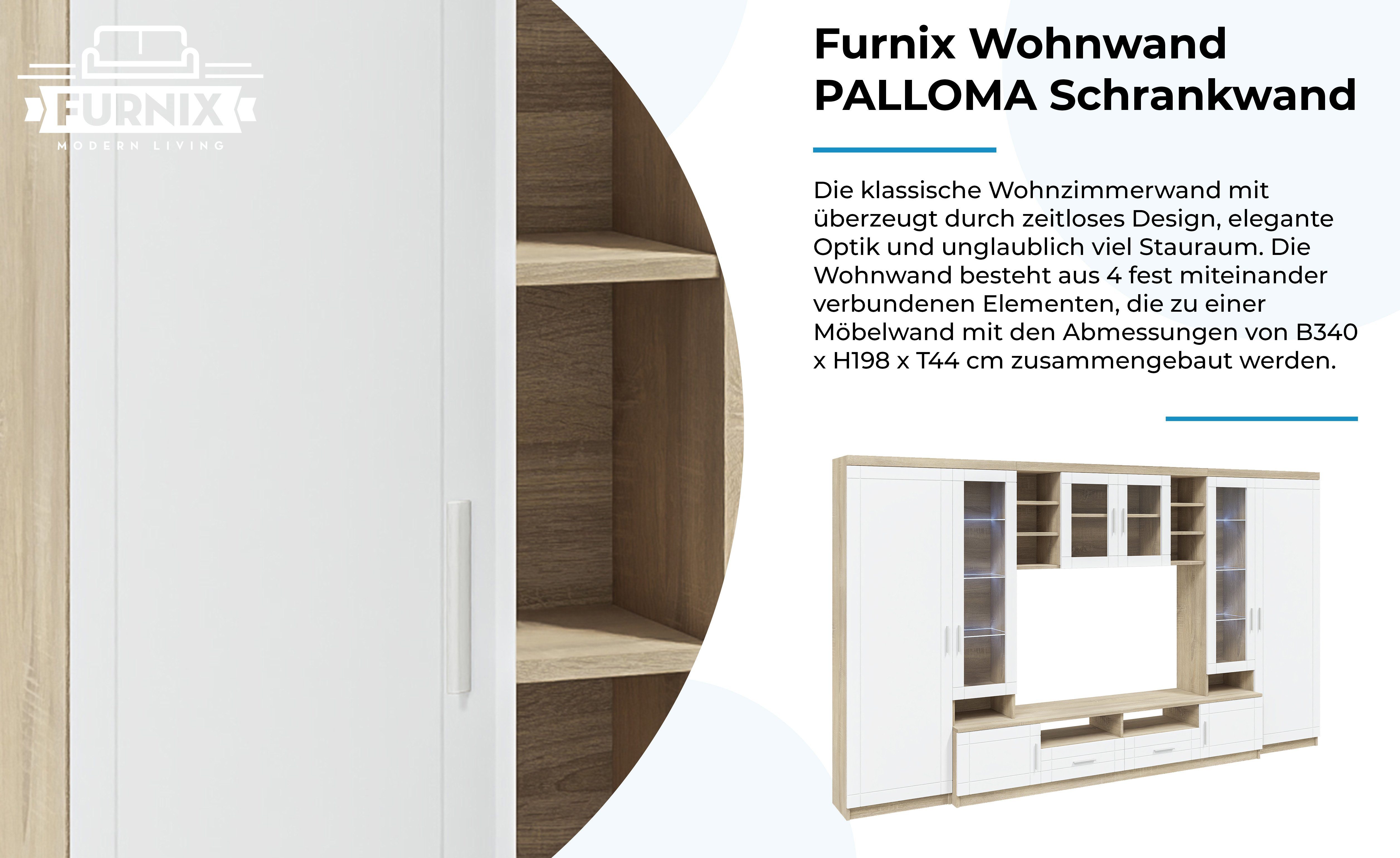 Furnix Wohnwand Hängeschrank, cm / 2 B340 TV-Schrank, x Schrankwand PALLOMA Hochschränke, Weiß T44 Sonoma multifunktionell, H198 x