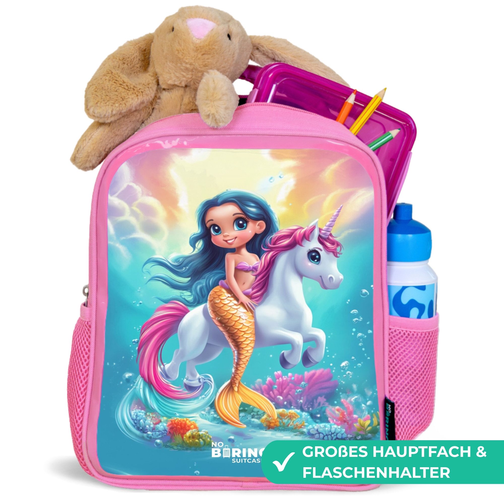 NoBoringSuitcases.com© Rucksack Rosa - Goldschwänzige Meerjungfrau mit weißem Einhorn, Kinderrucksack, Schulrucksack, Freizeitrucksack, Mädchen, Kindergarten – Bild 2 von 5