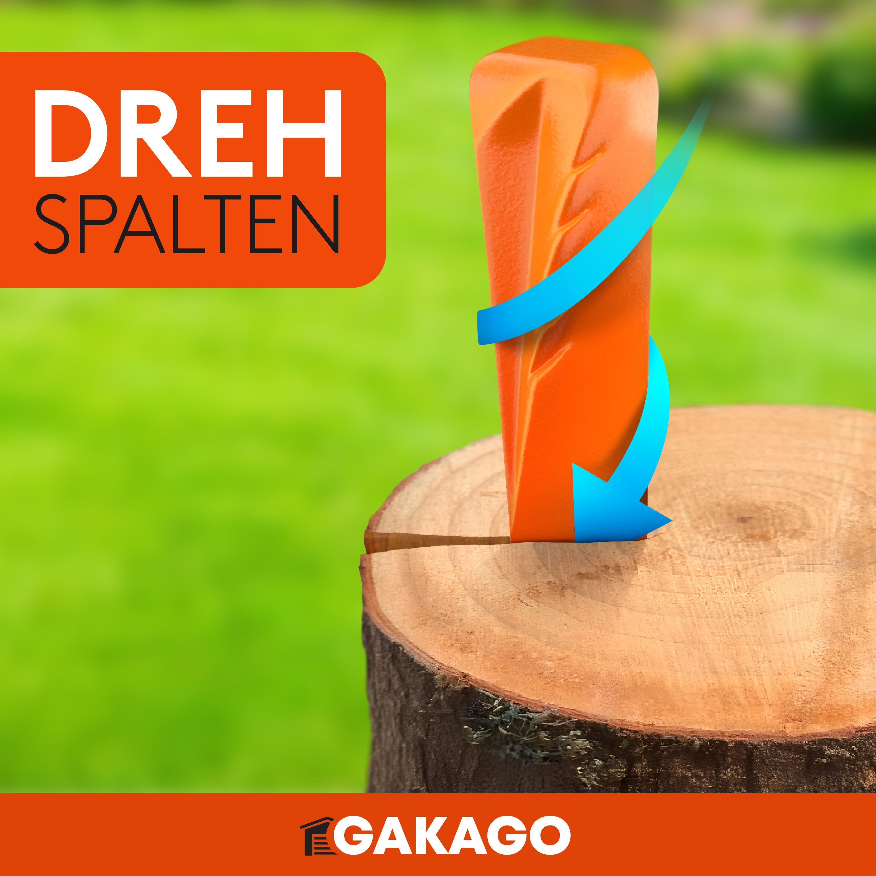 Gakago Drehspaltkeil für Holz, (1-St), - Kraftvoller Spaltkeil aus geschmiedetem Vollstahl und Signalfarbe