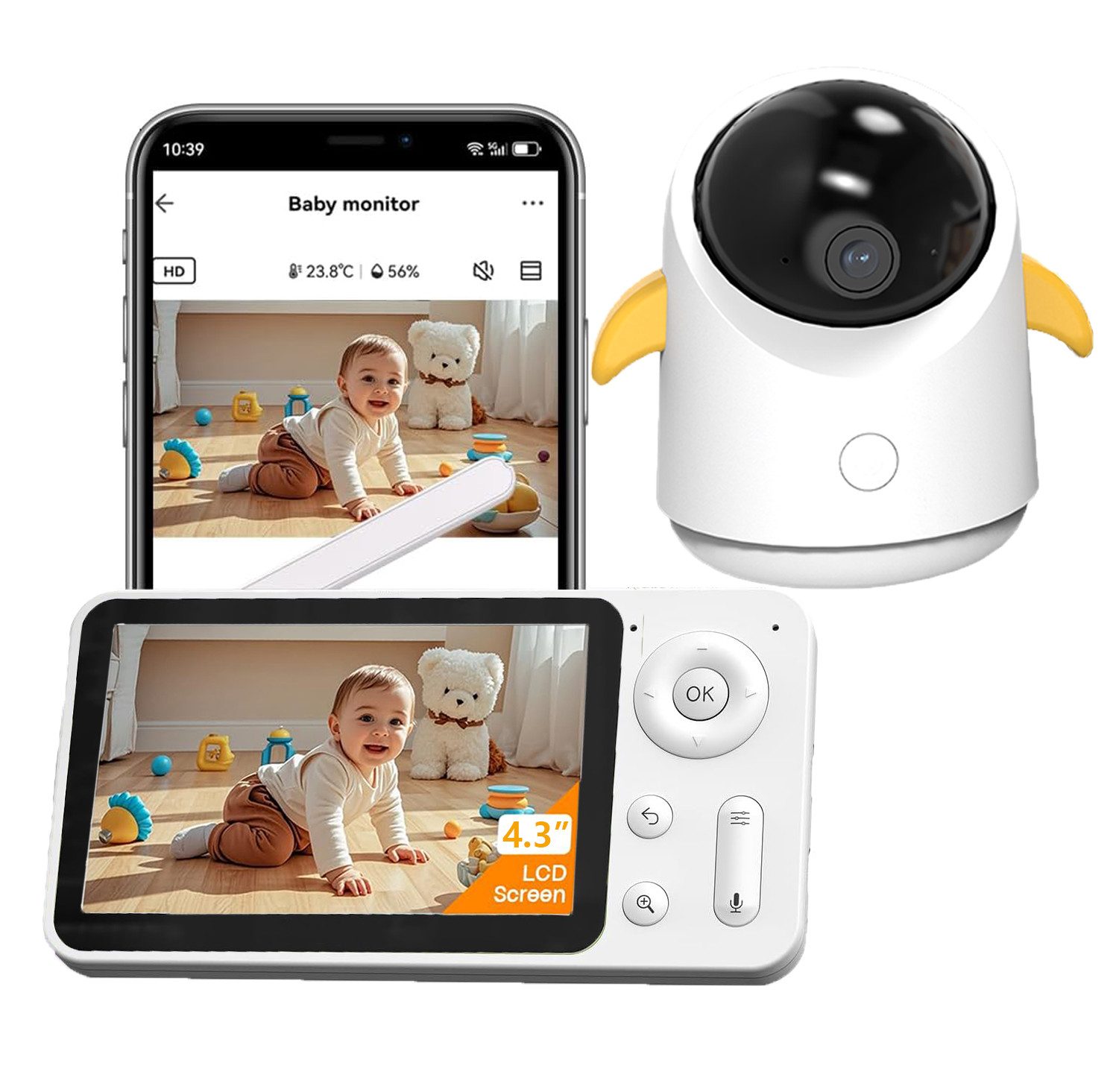 Babyphone 2MP Babyphone mit Kamera und APP 360 Grad 4.3" WLAN