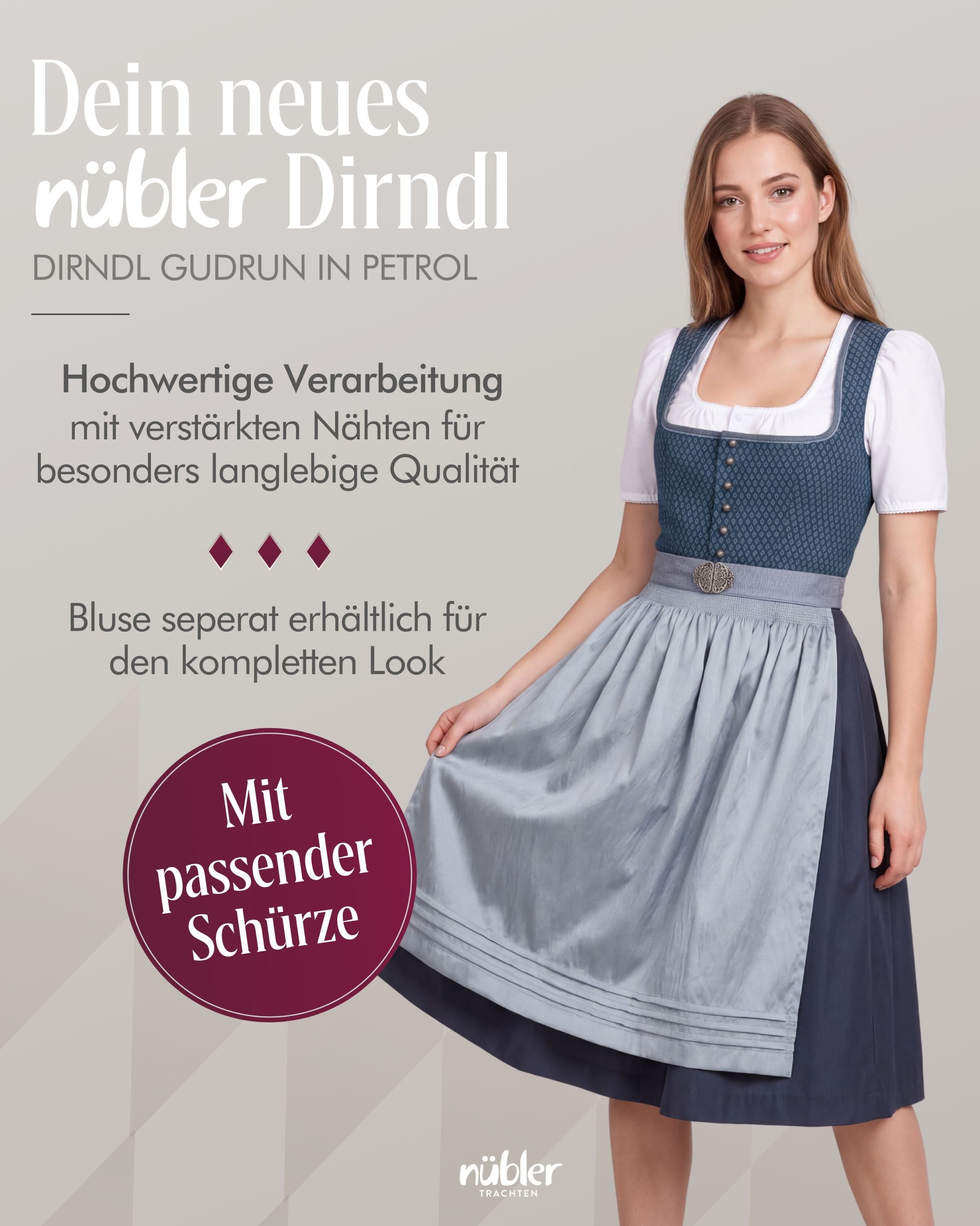 Nübler Dirndl Midi Dirndl Gudrun in Petrol von Nübler - Rocklänge 70 cm