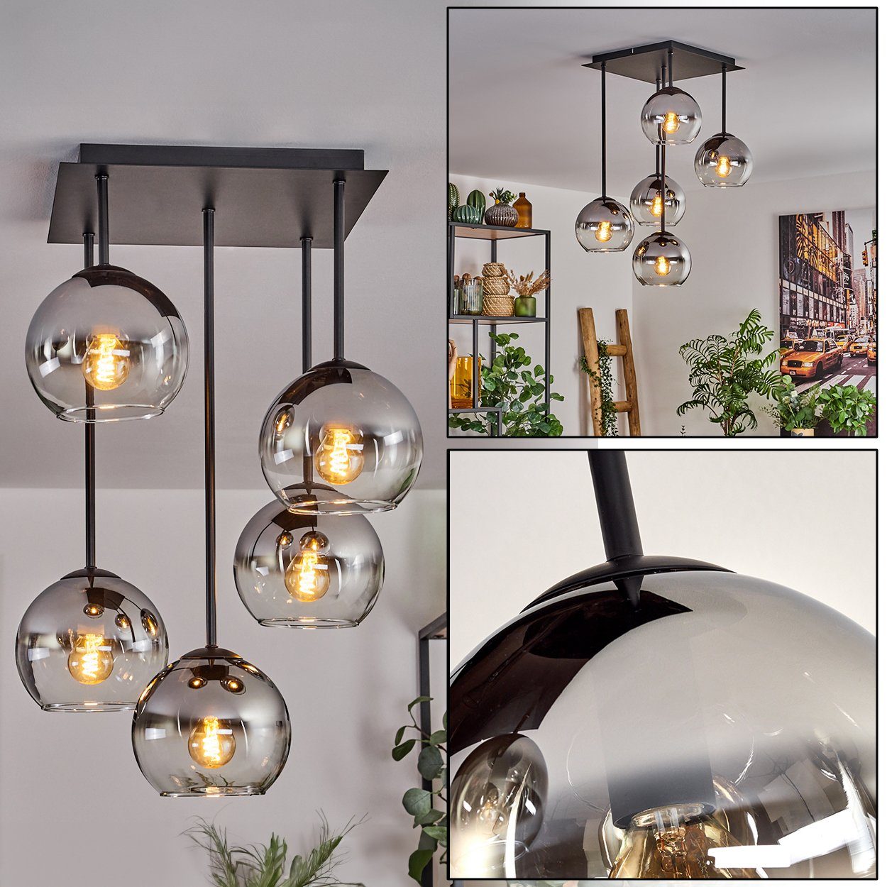 hofstein Deckenleuchte Deckenlampe aus Metall/Glas in Schwarz/Chromfarben/Klar, ohne Leuchtmittel, moderne Leuchte mit Glasschirmen (15 cm), 5 x E14, ohne Leuchtmittel