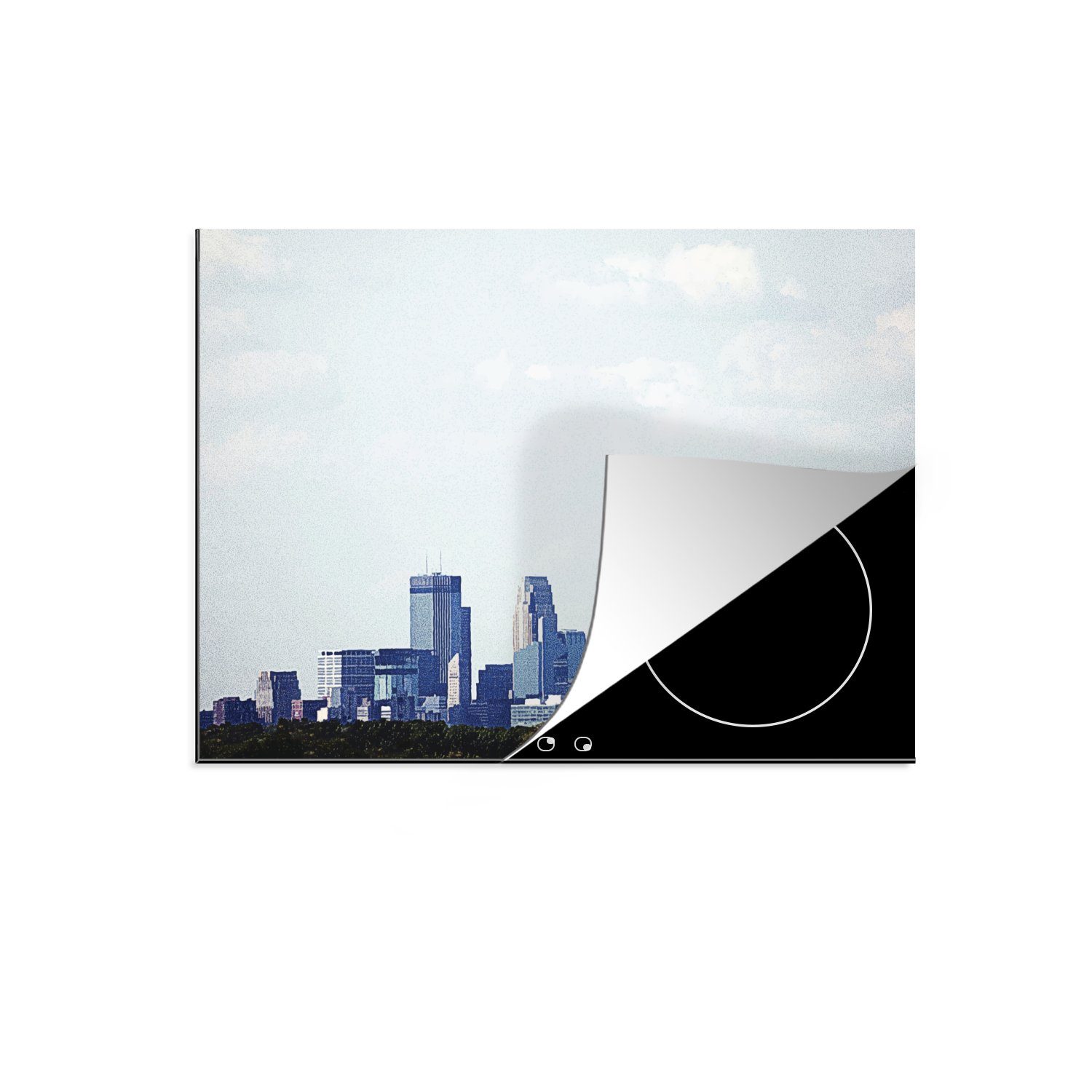 MuchoWow Herdblende-/Abdeckplatte Illustration der Stadt Minneapolis unter einem bewölkten Himmel, Vinyl, (1 tlg), 70x52 cm, Mobile Arbeitsfläche nutzbar, Ceranfeldabdeckung