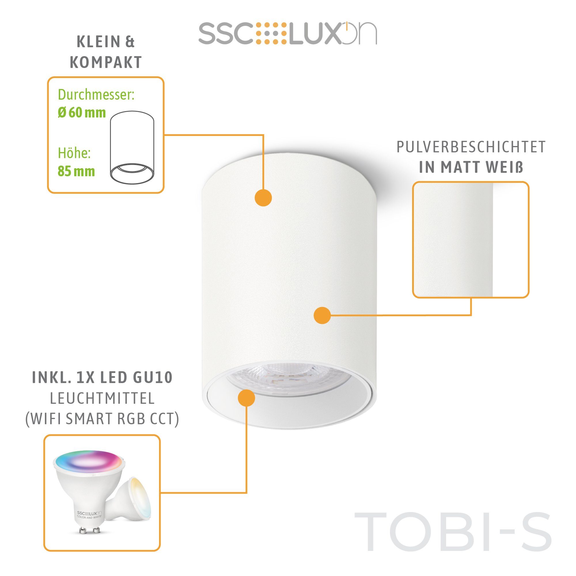 SSC-LUXon Aufbauleuchte TOBI-S in RGB mit Aufbauspot RGB Decken Lampe, GU10 Mini weiss WLAN LED