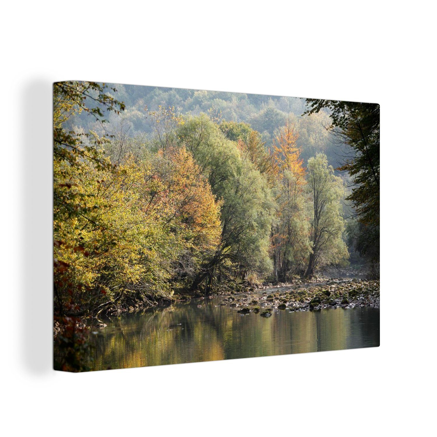 OneMillionCanvasses® Leinwandbild Spiegelung der wunderschönen herbstlich gefärbten Wälder im, (1 St), Wandbild Leinwandbilder, Aufhängefertig, Wanddeko, 30x20 cm