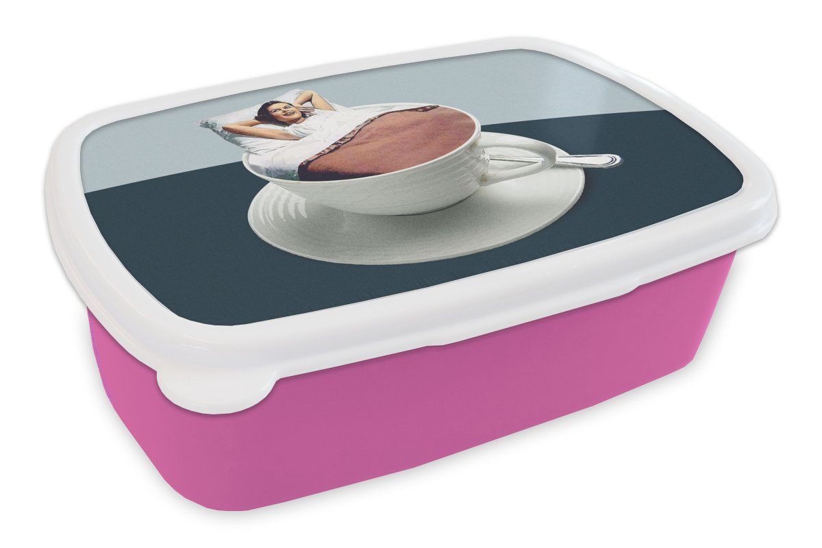 MuchoWow Lunchbox Frau - Kaffee - Jahrgang, Kunststoff, (2-tlg), Brotbox für Erwachsene, Brotdose Kinder, Snackbox, Mädchen, Kunststoff rosa