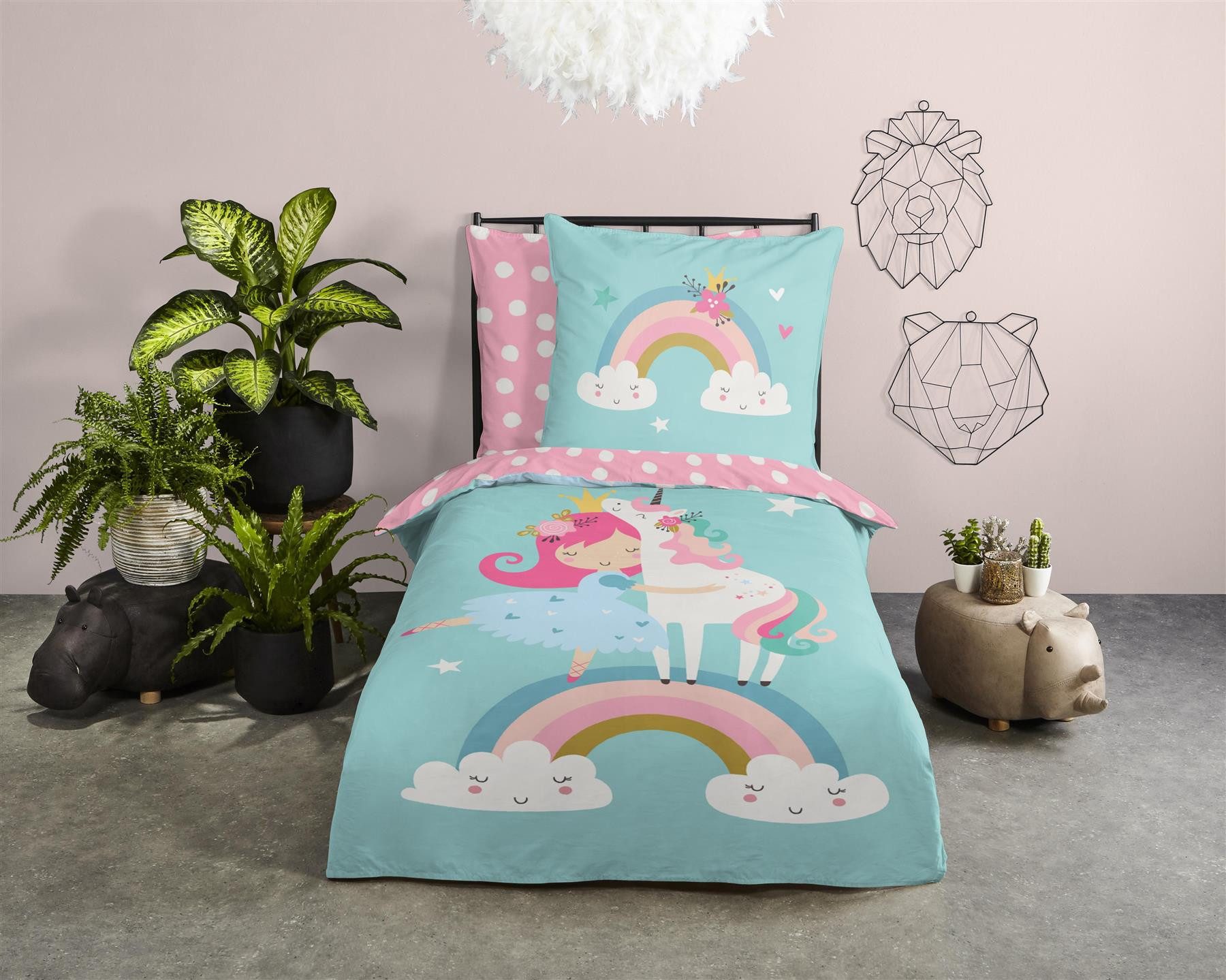 soma Bettwäsche Einhorn Regenbogen Prinzessin hellblau rosa, Renforcé, 2 teilig, 135x200 Reißverschluss Wende Kind Mädchen, Einhorn, Rosa unicorn blau