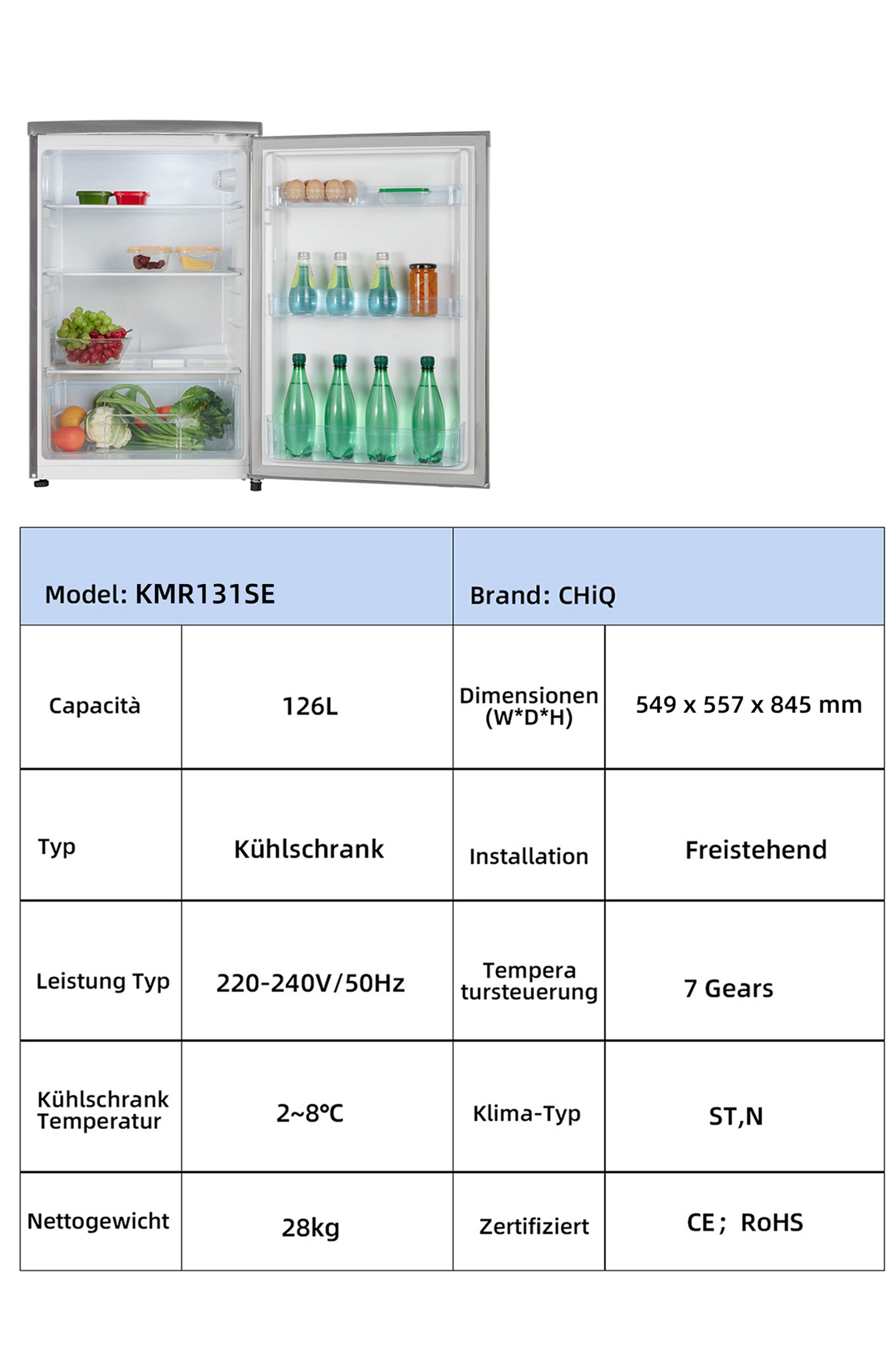 CHiQ Vollraumkühlschrank KMR131SE, 84.5 cm hoch, 54,9 cm breit, ohne Gefrierfach, kompaktes Design