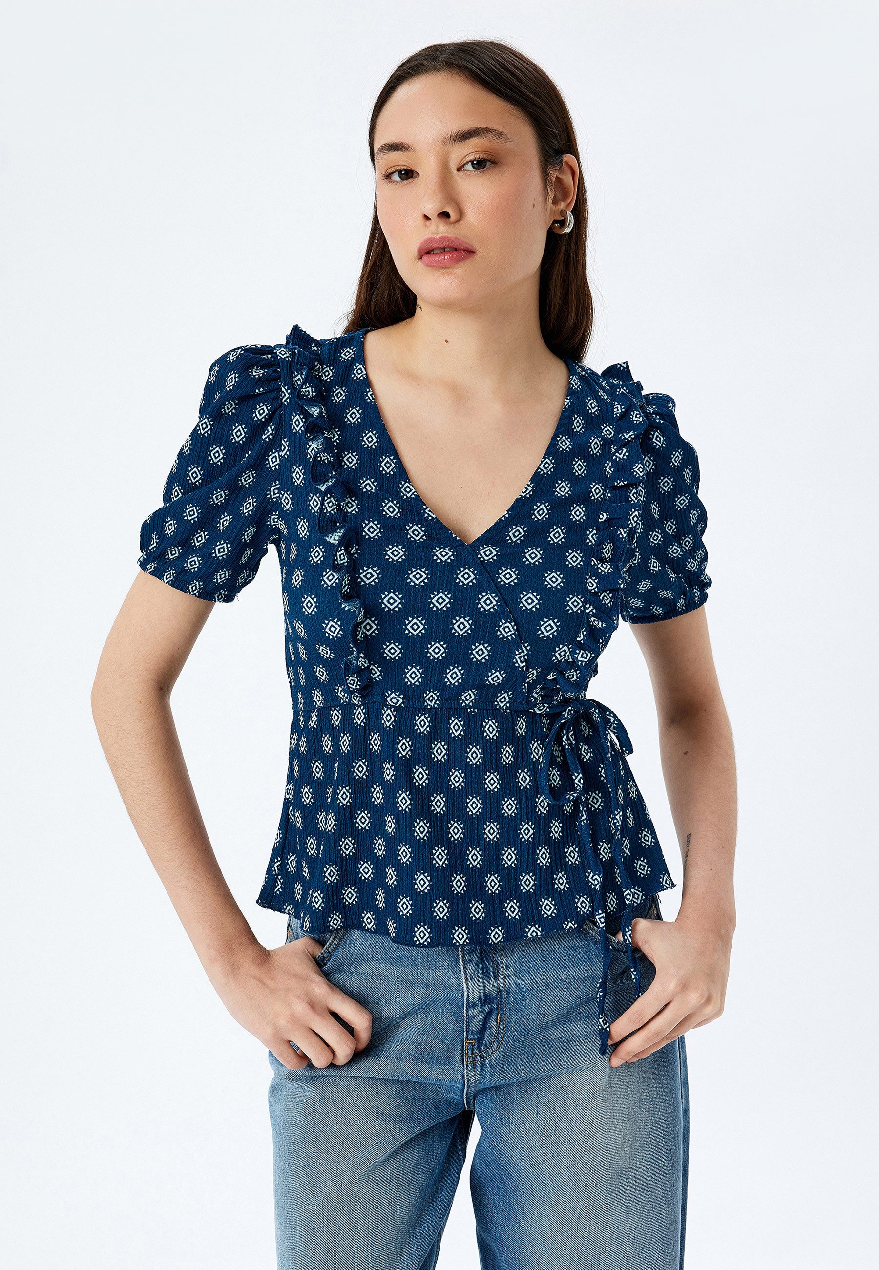 Koton Wickelbluse Kurzärmelig V-Kragen Wickelbluse