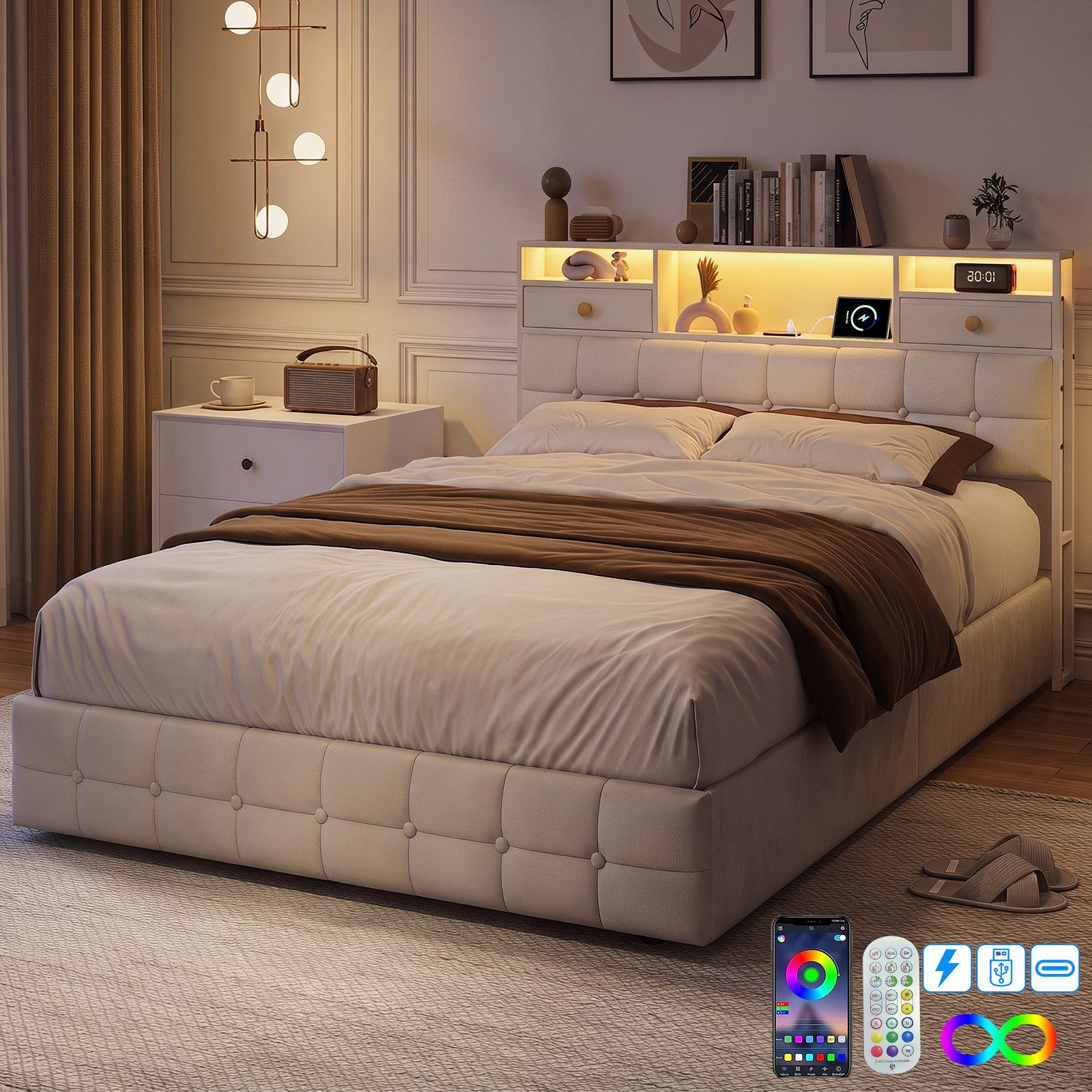zebery Polsterbett LED Beleuchtung Jugendbett Doppelbett (Set, 1-tlg., 140x200cm mit Ladefunktion und 6 Schubladen), Samt,Beige
