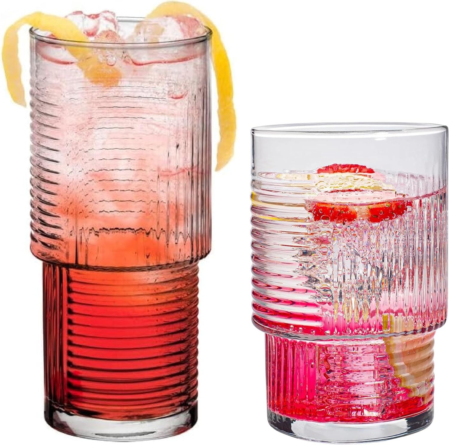 Cocktailglas 12-teilig 6 Longdrinkgläser 400ml + 6 kleine Gläser Geriffelt 320ml