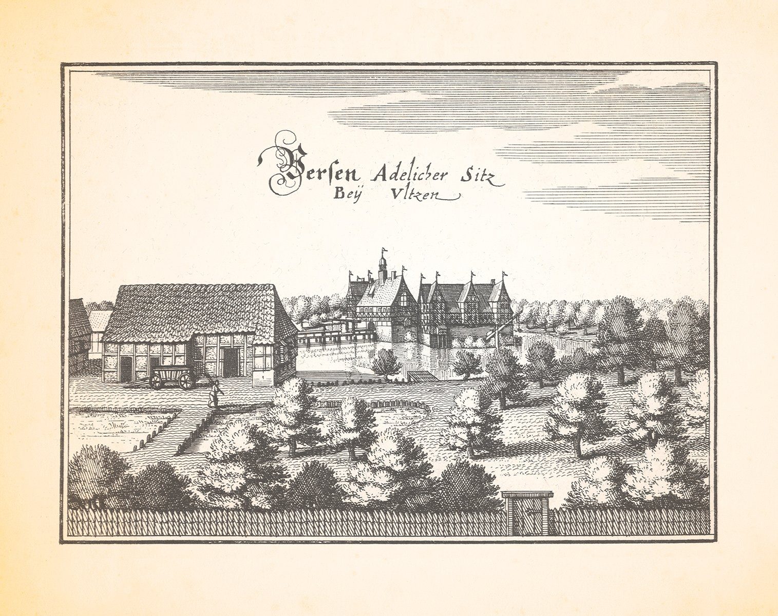 Kunstdruck Versen adeliger Sitz bei Uelzen Adelssitz Amtshaus Kupferstich Merian
