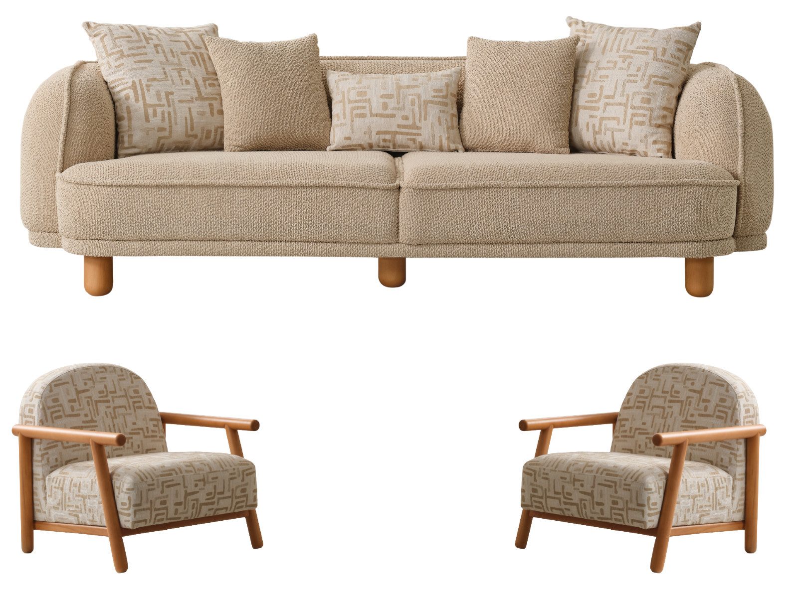 Villa Möbel Polstergarnitur Acelya, (Sofa Set, 3-Sitzer + Sessel + Sessel), Modulares Sofa Set mit Holzfüßen und weichem Stoffbezug
