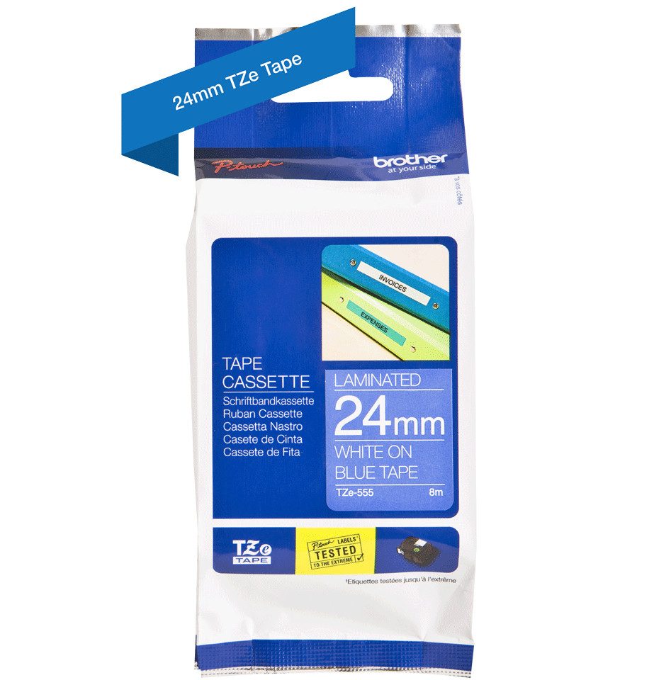 Brother Schriftband TZe-555 (lam) Weiß auf Blau 24mm x 8m Tintenpatrone