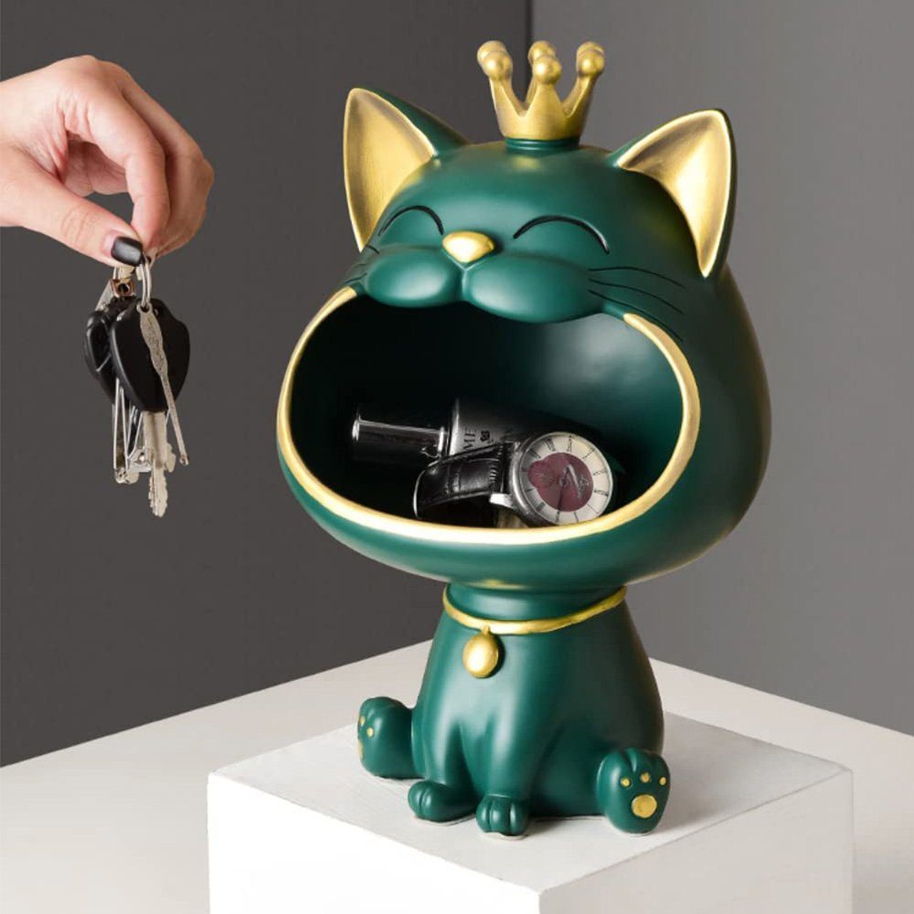 zggzerg Dekoschale Katze Skulptur Figuren Schlüssel Grün Lachende Aufbewahrungsbox,Cat Statue