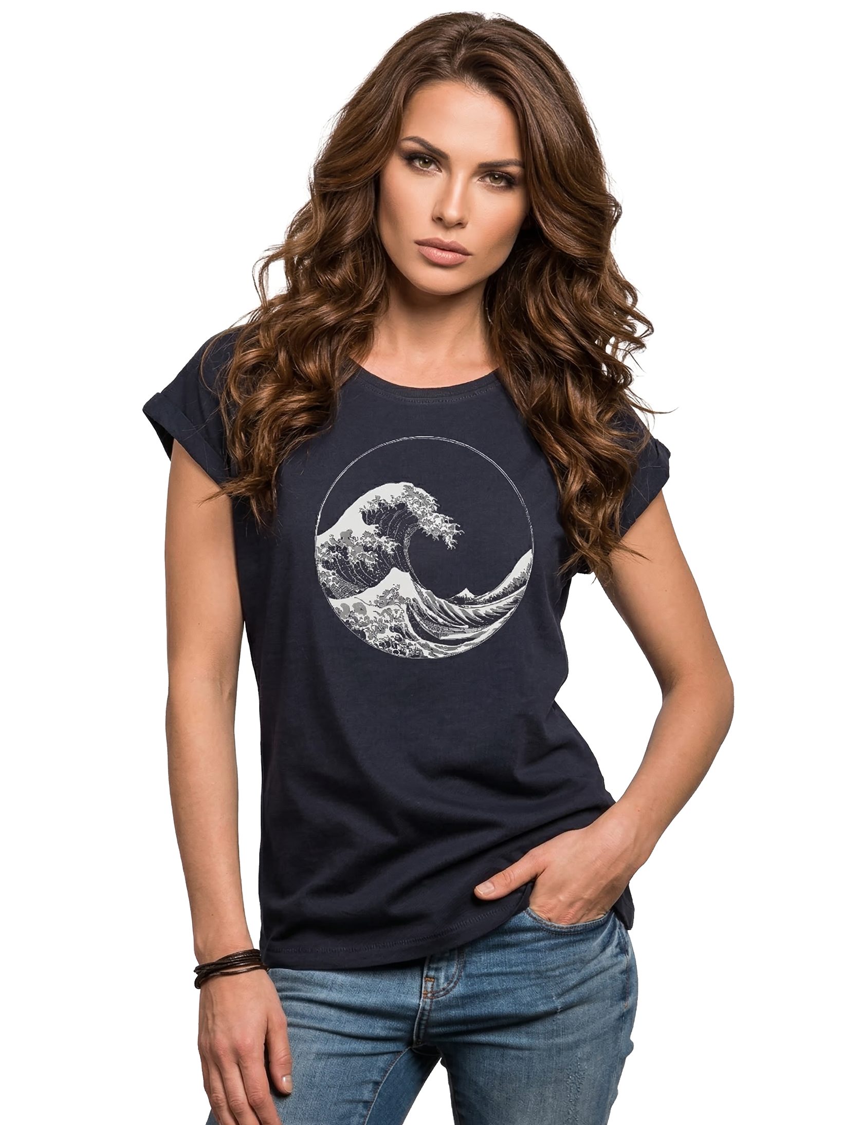 MAKAYA T-Shirt Maritimes Damen-Top mit Wellen-Motiv – Surf-Style für den Sommer (Schwarz, Blau, Dunkelgrau, Grün, 34, 36, 38, 40, 42, 44, 46, 48, 50) Baumwolle
