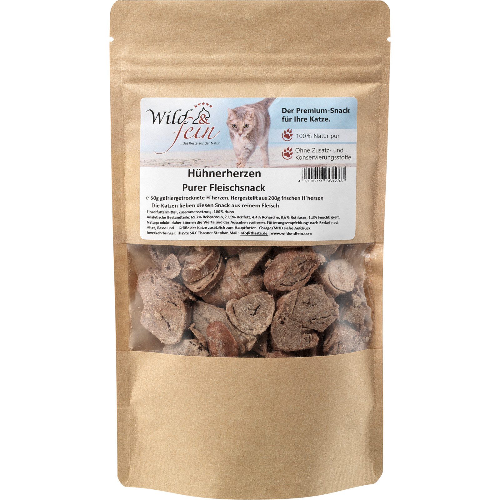 Wild & Fein Hühnerherzen, Snack für Katzen, gefriergetrocknet, 50g, Ergänzungsfuttermittel für: Katze