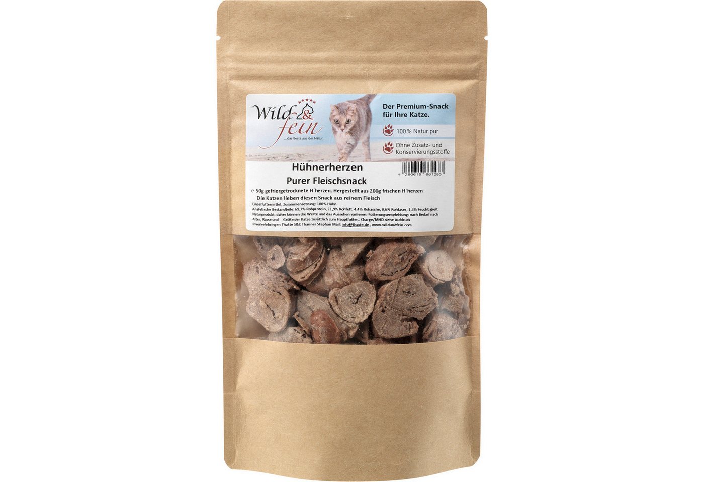 Wild & Fein Hühnerherzen, Snack für Katzen, gefriergetrocknet, 50g, Snack für: Katze
