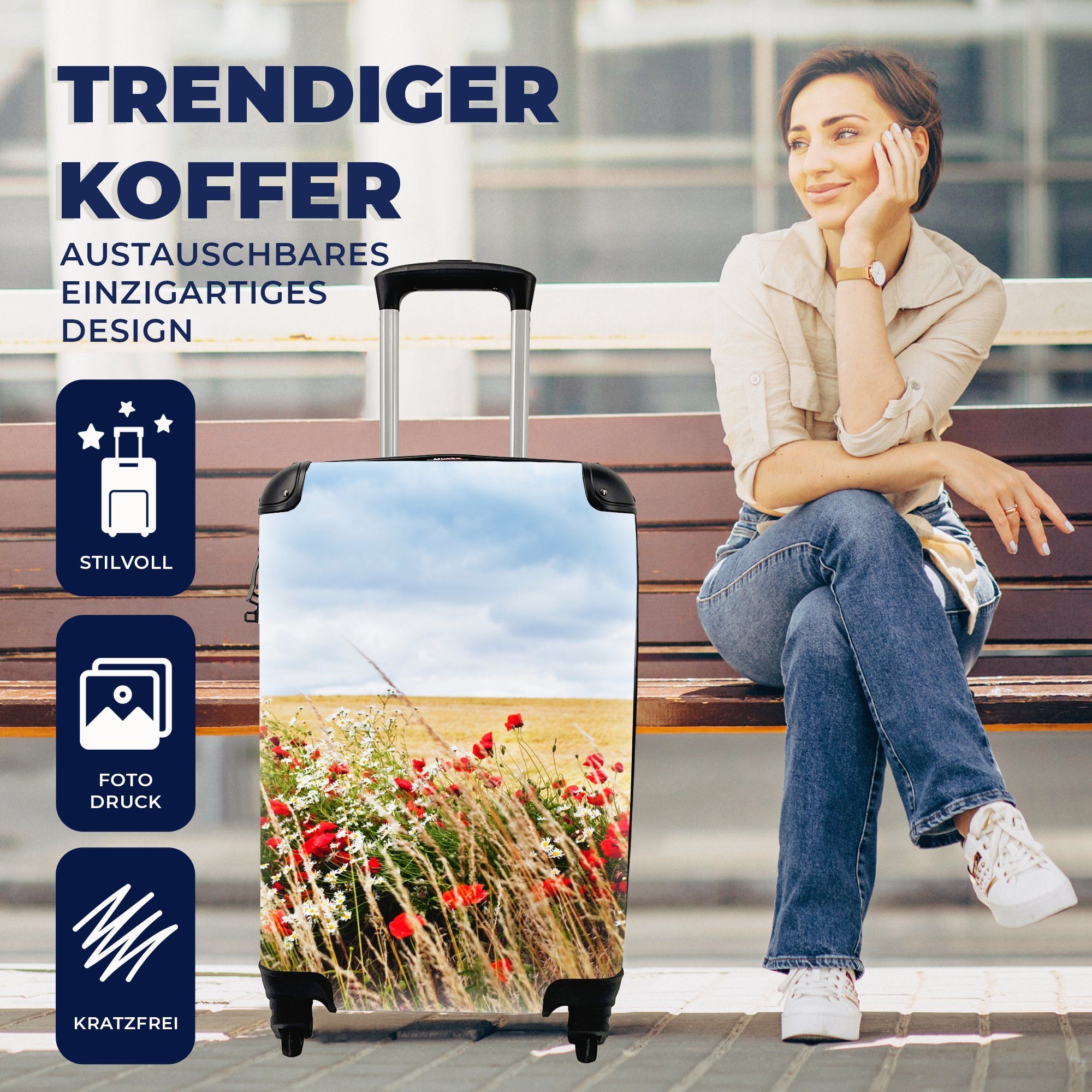Ferien, Blumen Reisetasche 4 Trolley, MuchoWow mit Reisekoffer für - - Rollen, rollen, Rot, Handgepäck Handgepäckkoffer Wolken