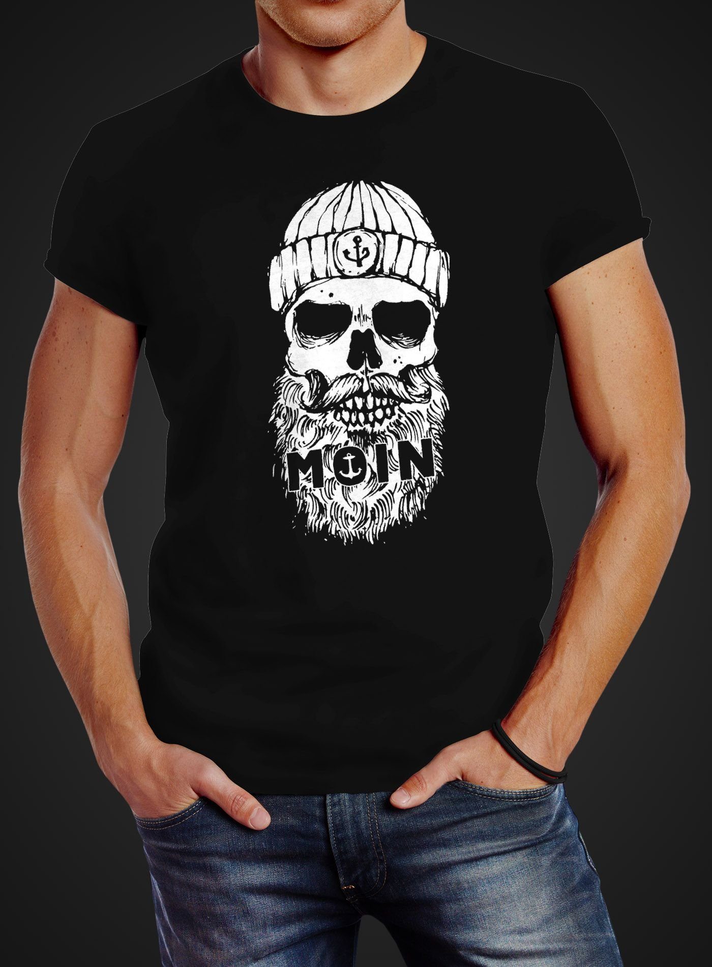 Neverless Print-Shirt Neverless® Skull Print mit Print Bart Herren Moin T-Shirt Motiv Anker Totenkopf