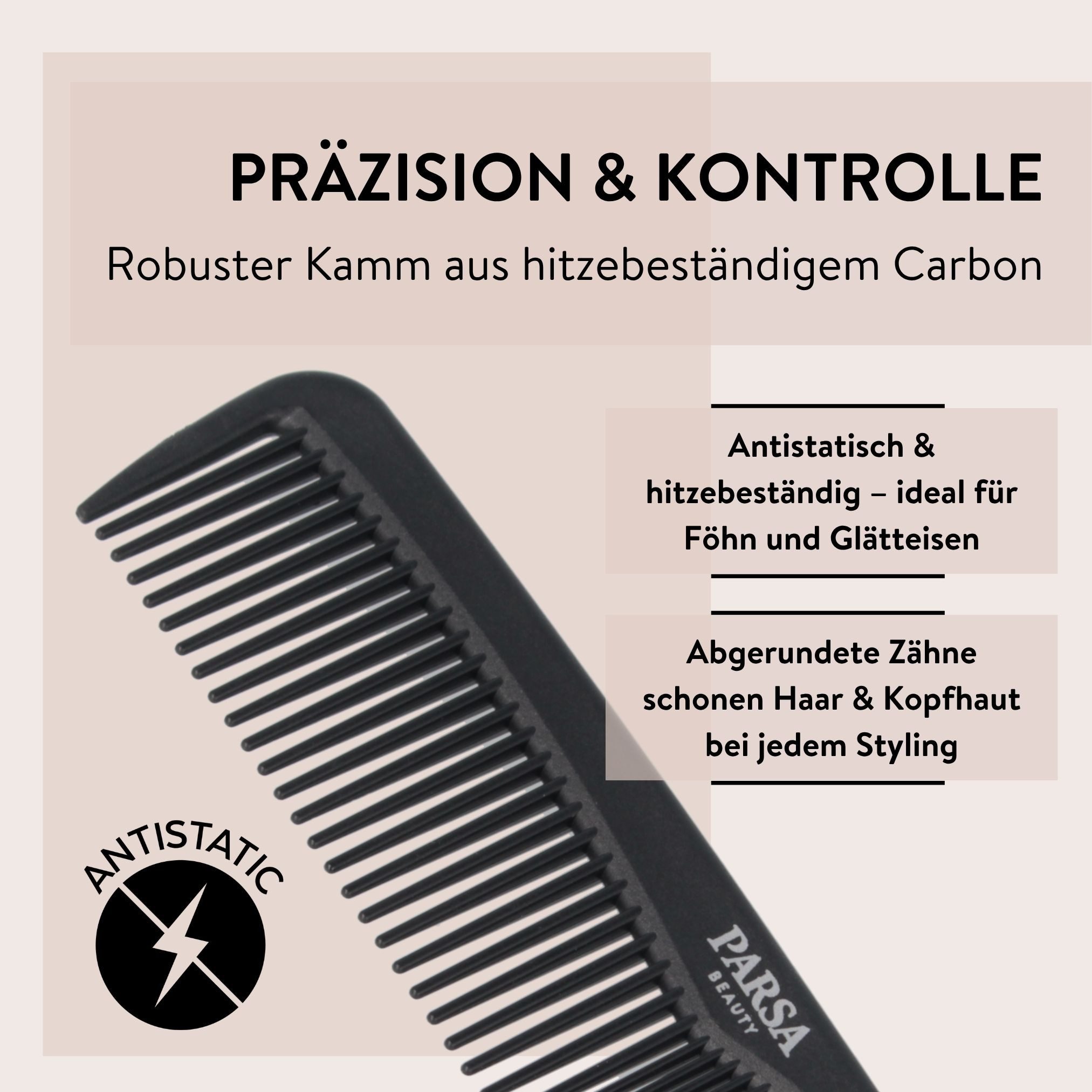 PARSA Beauty Haarkamm Professional Carbon Frisierkamm 150mm, Antistatisch & Hitzebest?ndig