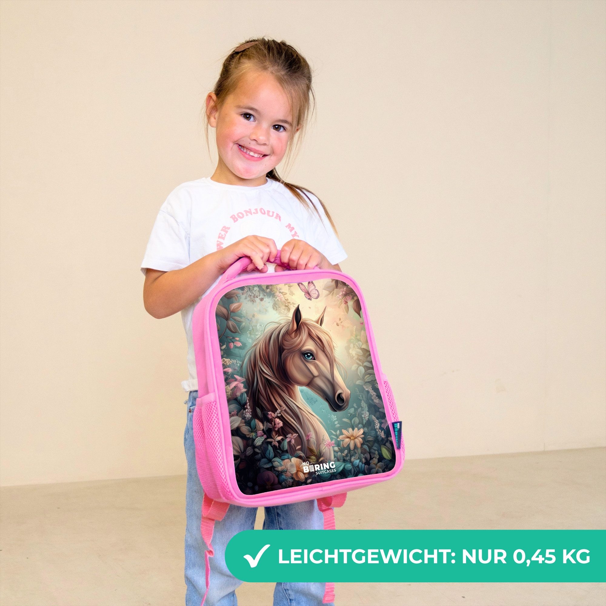 NoBoringSuitcases.com© Rucksack Rosa - Pferd mit Schmetterlingen im Blumengarten, Kinderrucksack, Schulrucksack, Freizeitrucksack, Mädchen, Kindergarten