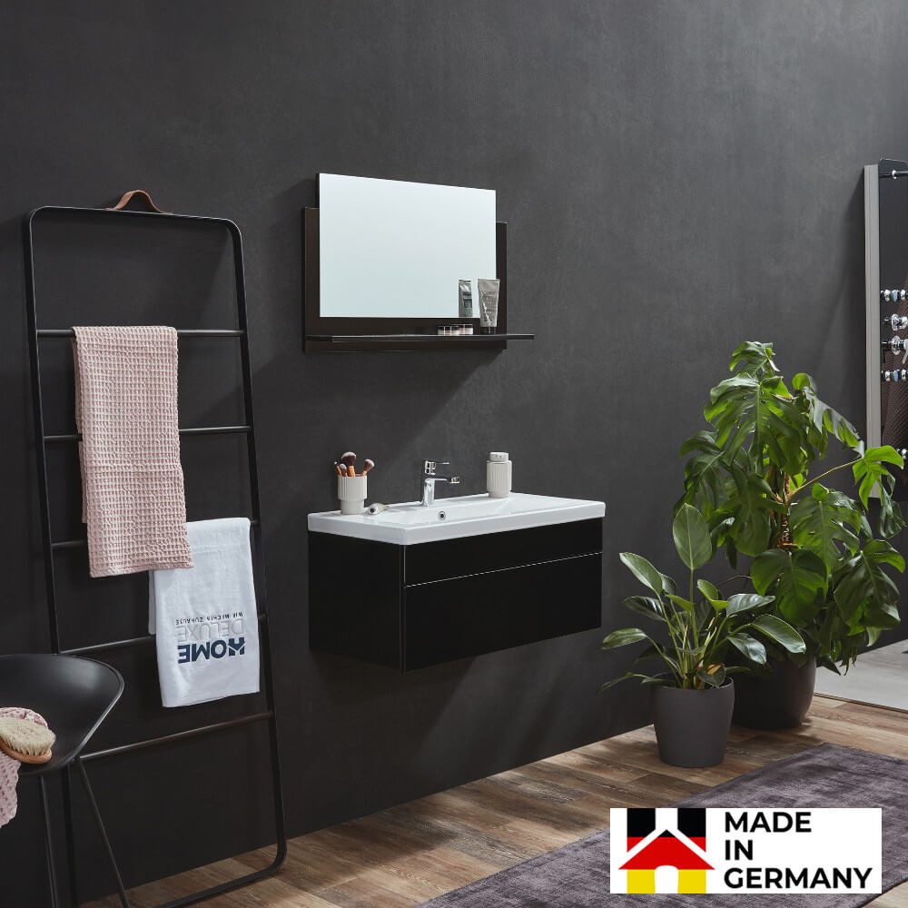 HOME DELUXE Badmöbel-Set WANGEROOGE BIG - M, (inkl. Unterschrank, Waschbecken und Spiegel), 33 x 80 x 41 cm - Softclose Funktion, Waschbeckenunterschrank