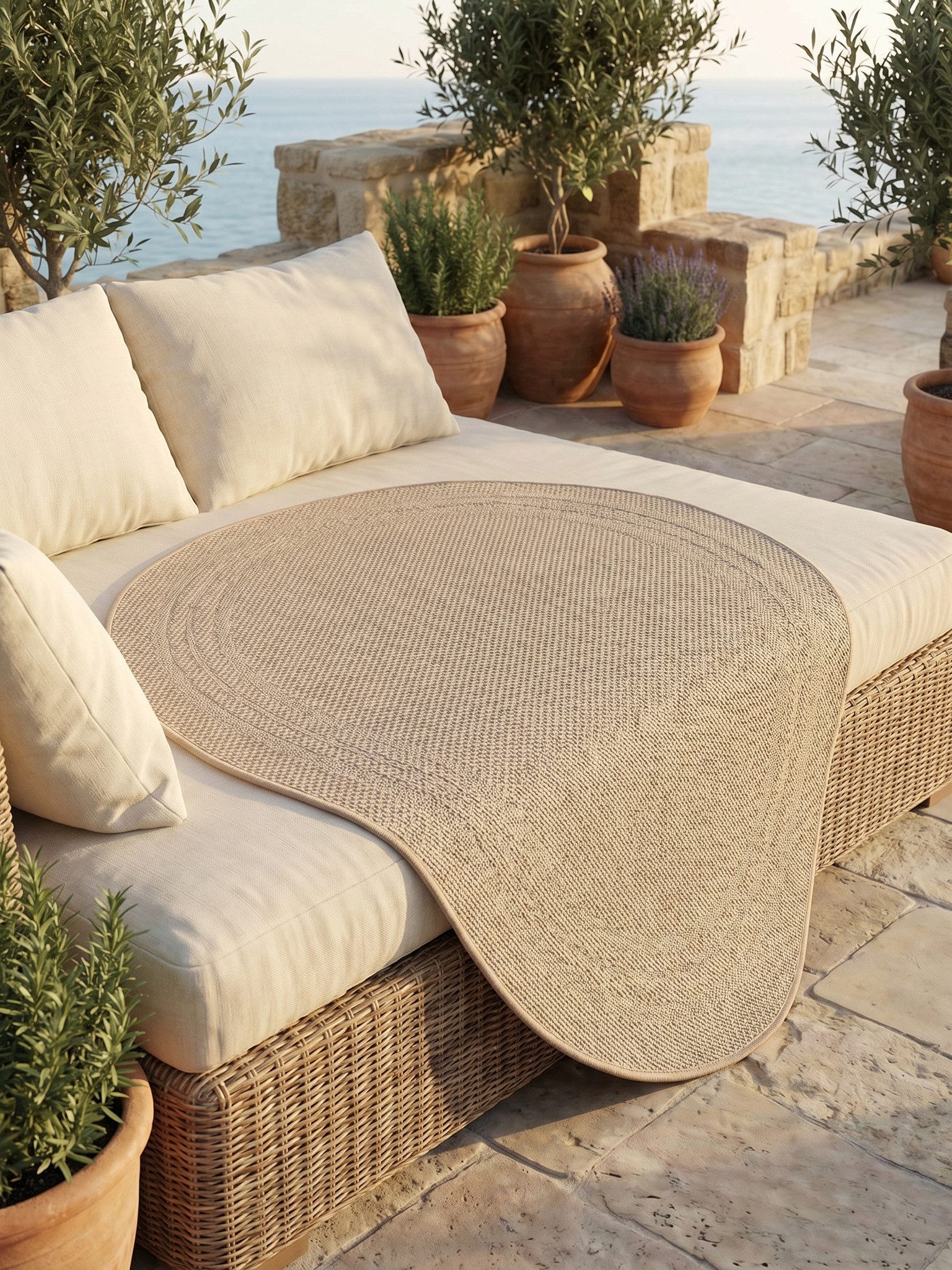 KADIMA DESIGN Teppich Outdoor Teppich VENTOUX Bordüre Flachgewebe Balkon Küche Rund, Rund, Höhe: 5 mm, Beige, 80x80 cm, Outdoor Balkonteppich Terrasse Pflegelei – Bild 5 von 5