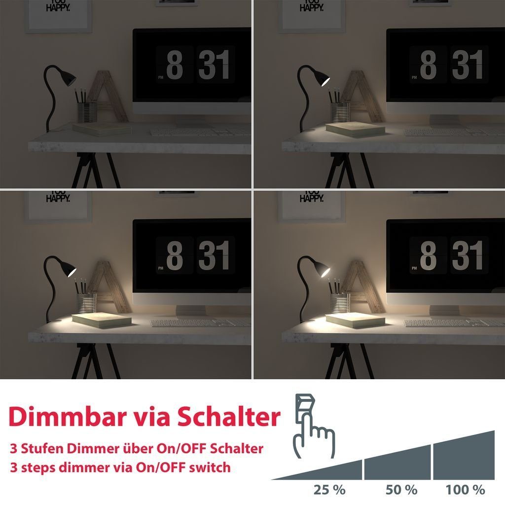 B.K.Licht Tischleuchte LED Klemmleuchte dimmbar flexibel GU10 5W Büro Schreibtisch - BKL1079, LED wechselbar, 3000K - Warmweiß, Tischlampe schwarz Schnurschalter 60cm Leselampe Arbeitszimmer Regal