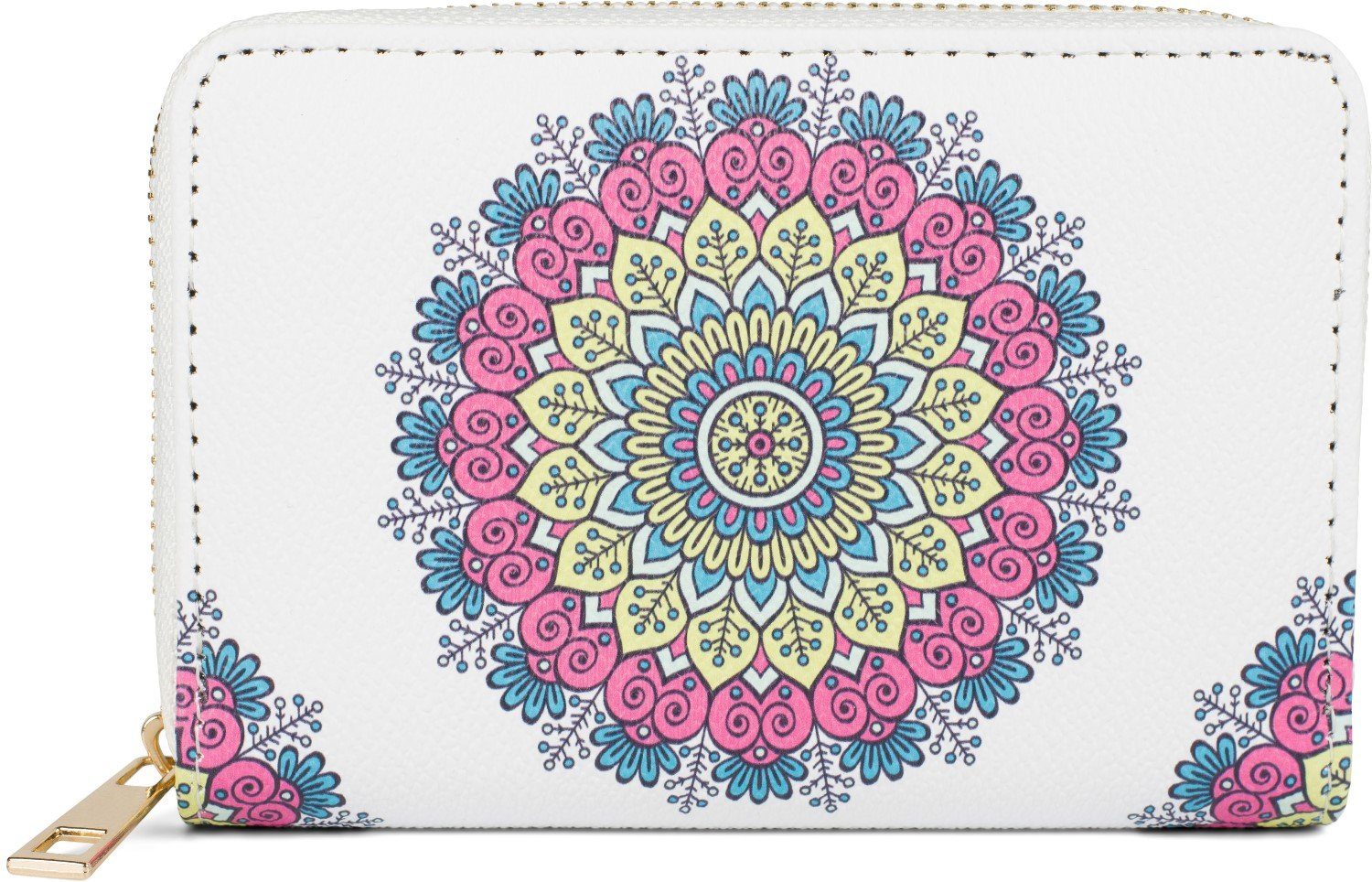 styleBREAKER Geldbörse (1-tlg), Kleine Geldbörse Mandala Ornament Muster Weiß-Blau-Rosa-Gelb