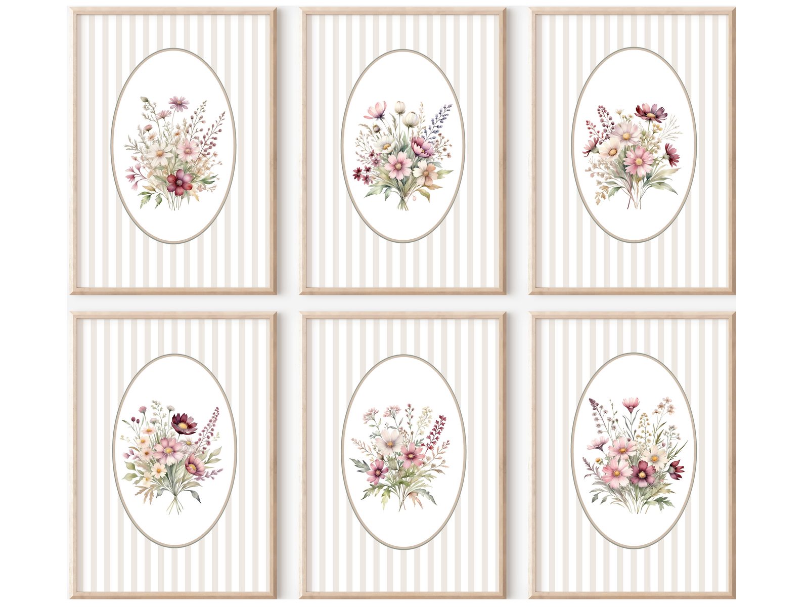homestyle-accessoires Mehrteilige Bilder Wandposter Bilderwand Set 6-teilig, Wiesenblumen Blumen Streifen, Hochformat, Künstlerpapier, stilvoll für jedes Zimmer, ohne Rahmen
