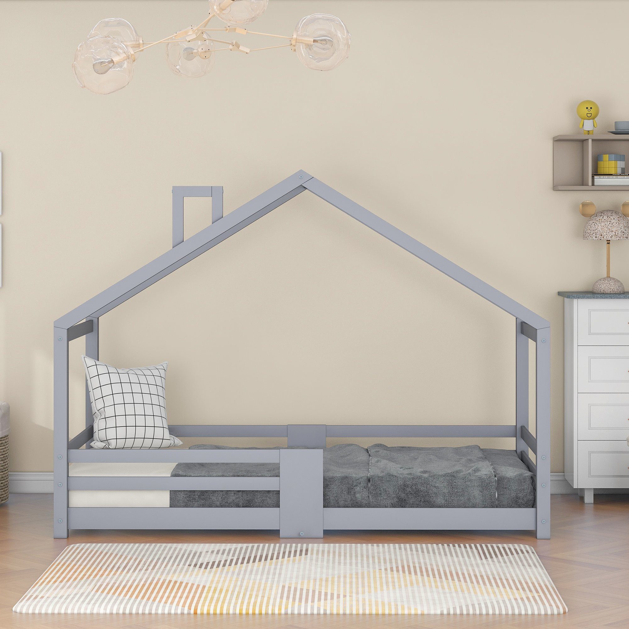 Kinderbett (Hausbett mit Schornstein), mit Rausfallschutz und Lattenroste, aus Kiefernholz, 90x200 cm