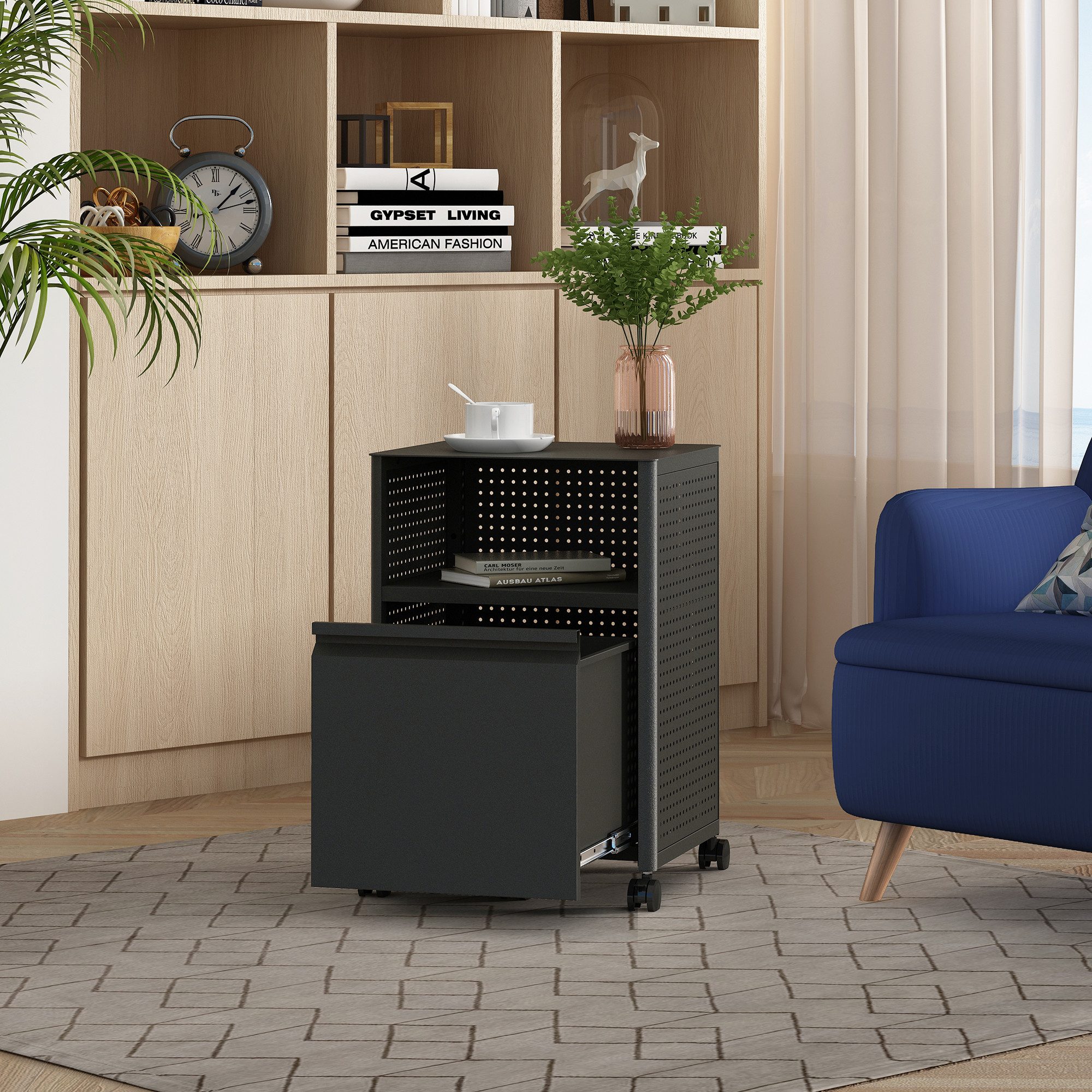 en.casa Rollcontainer, »Velvevn« mit Schublade Stahl 54 x 40 x 36 cm Schwarz