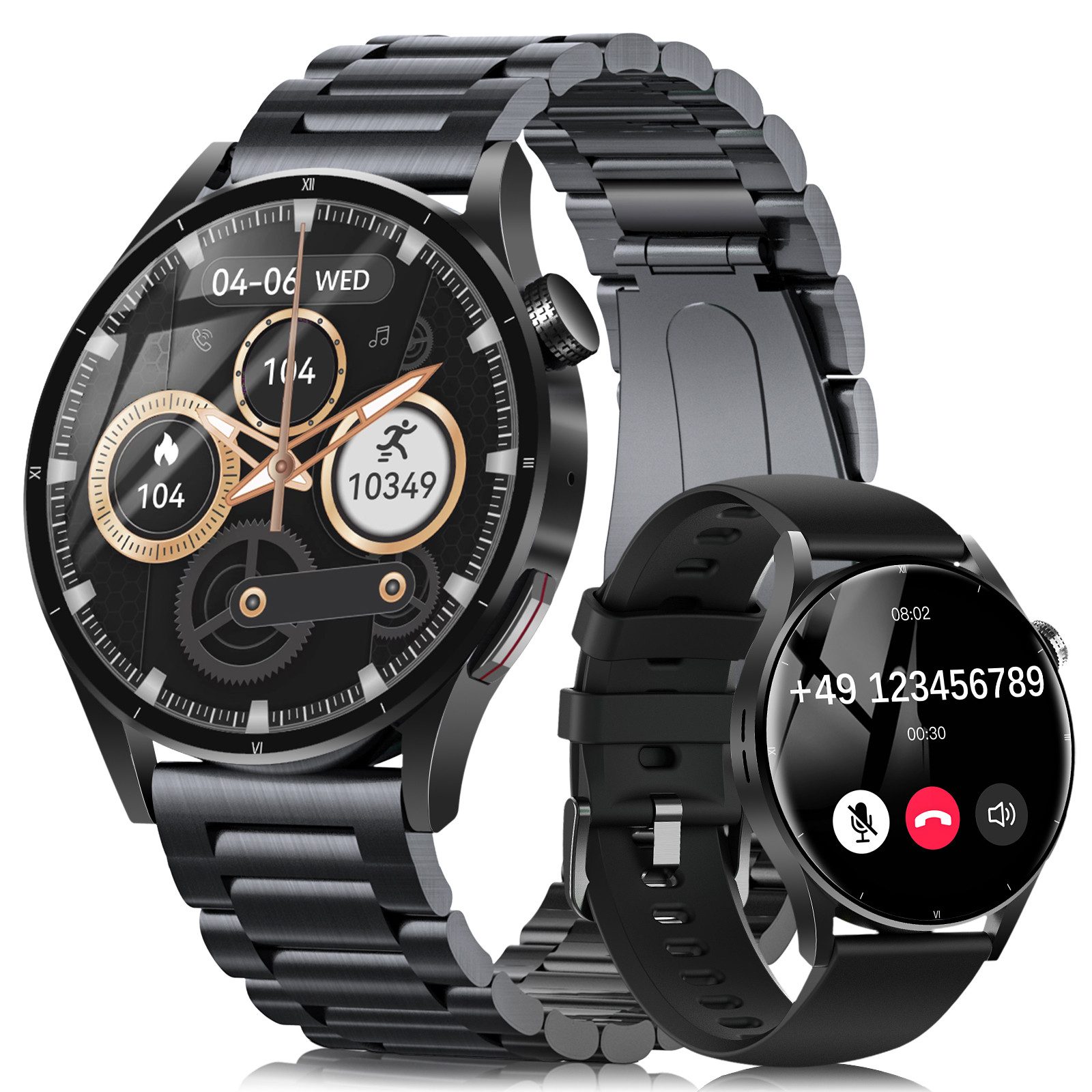Sanorum Smartwatch Herren mit Telefonfunktion Smartwatch (3.35 cm/1.32 Zoll, HD-Touchscreen) IP68 Wasserdicht Sportuhr, mit 100 Sportmodi Fitnessuhr, mit Blutsauerstoff,Herzfrequenz,Blutdruckmessung